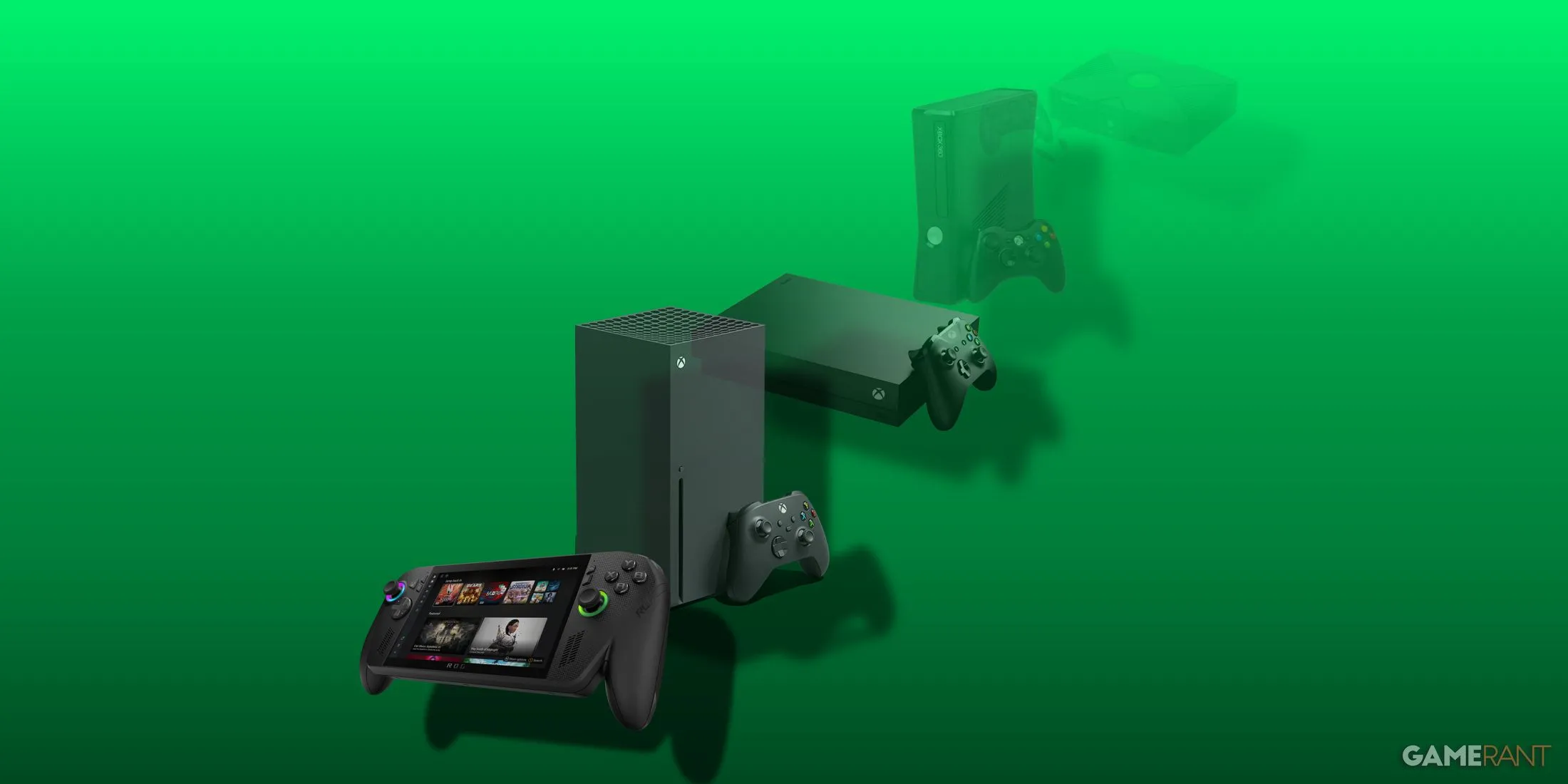 ROG Ally hiển thị giao diện Windows 11 tích hợp trải nghiệm Xbox, minh họa khả năng tương thích cao và đa nhiệm cho game thủ.