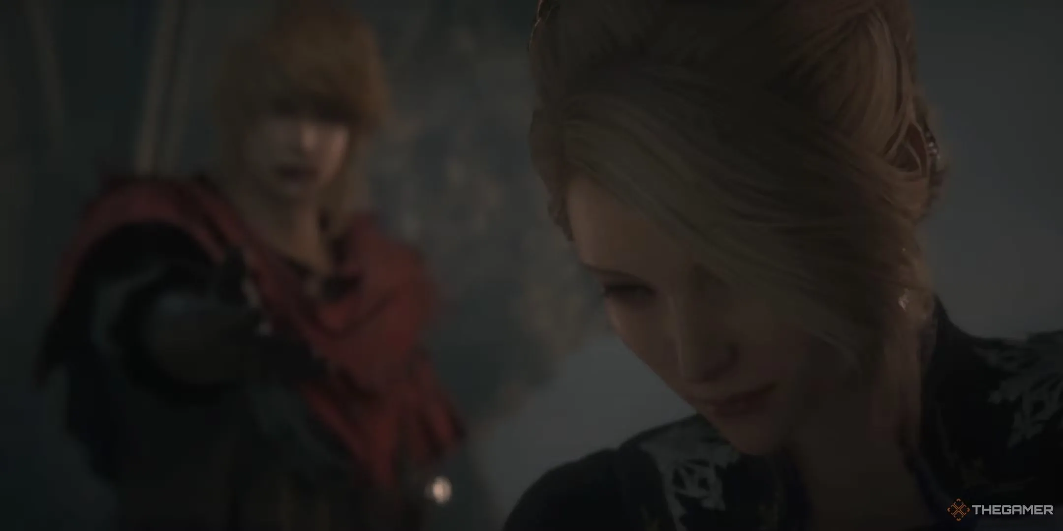 Anabella Rosfield nhìn Joshua với vẻ mặt lạnh lùng và quyền quý trong Final Fantasy XVI, thể hiện mối quan hệ phức tạp của họ.