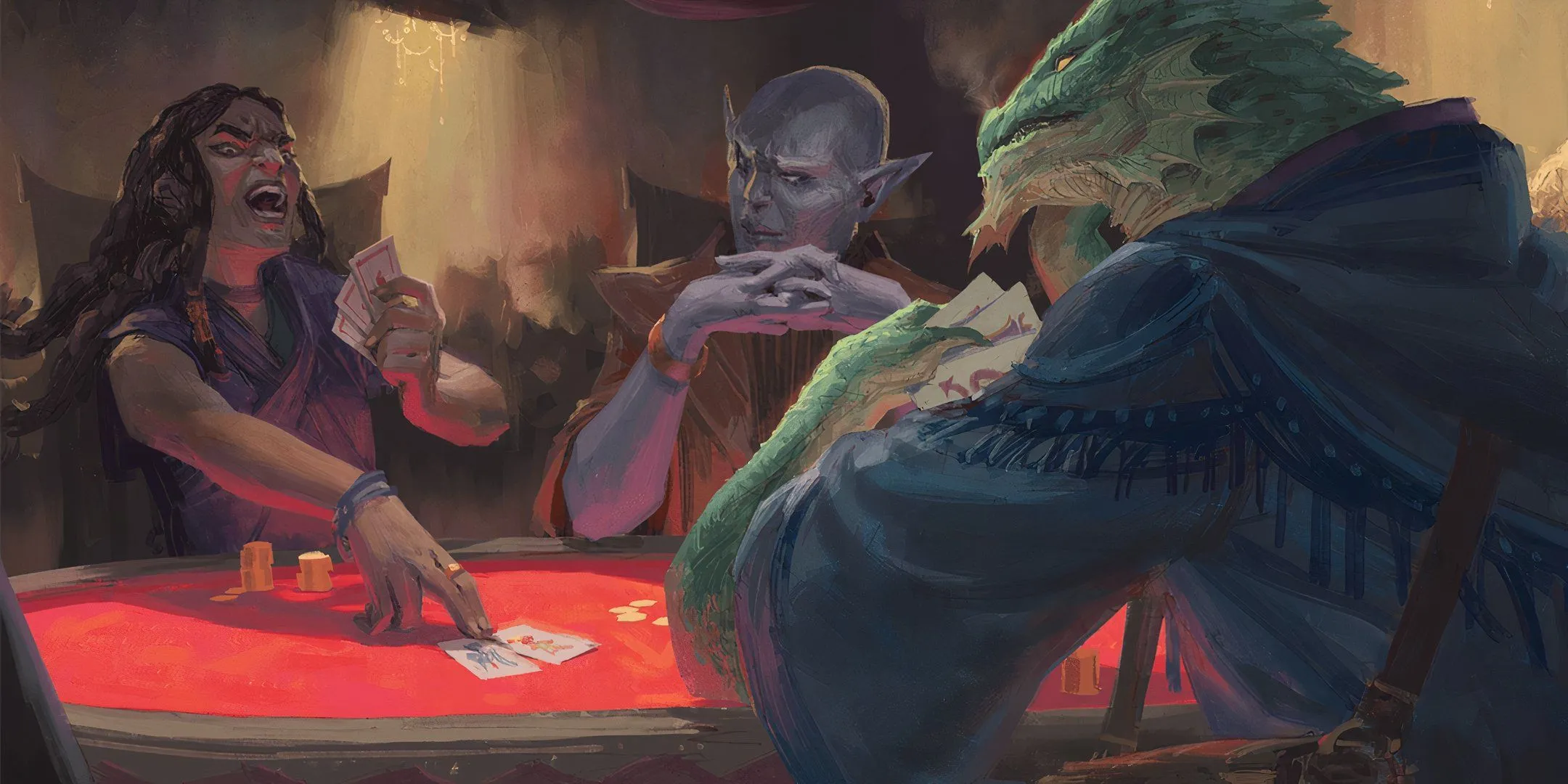 Ba người chơi D&amp;D đang chơi bài Three-Dragon Ante, minh họa cho việc tăng tốc độ gieo xúc xắc sát thương