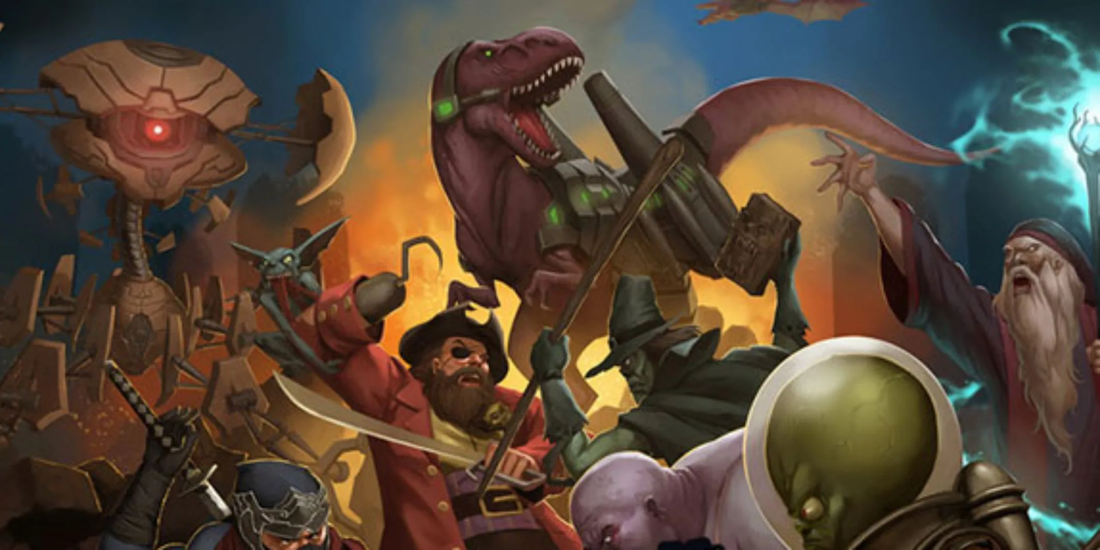 Bìa game Smash Up với các phe phái như cướp biển, khủng long, người ngoài hành tinh đối đầu