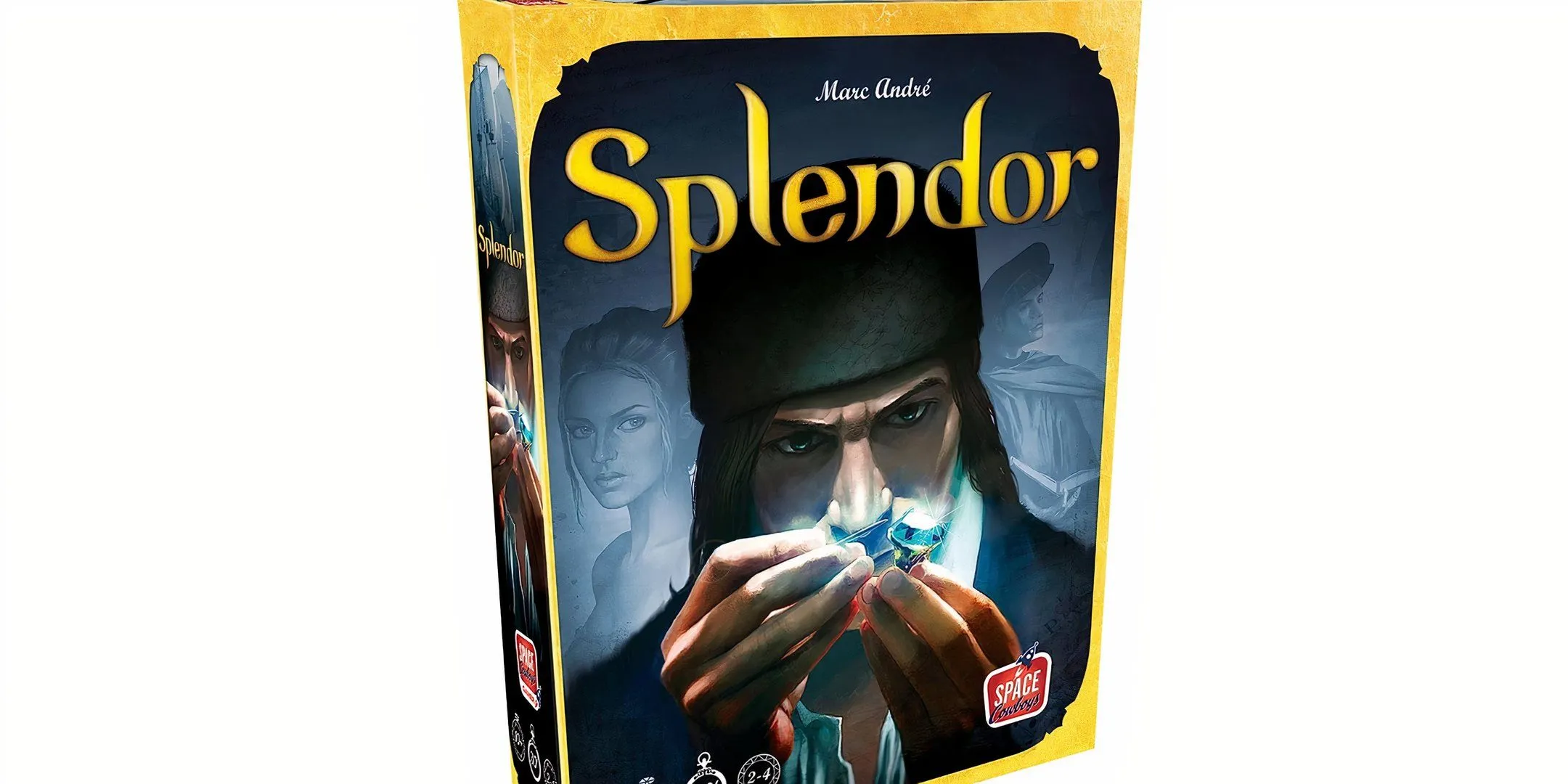 Bìa hộp board game Splendor với người đàn ông ngắm nhìn viên đá quý, thể hiện chủ đề thương gia