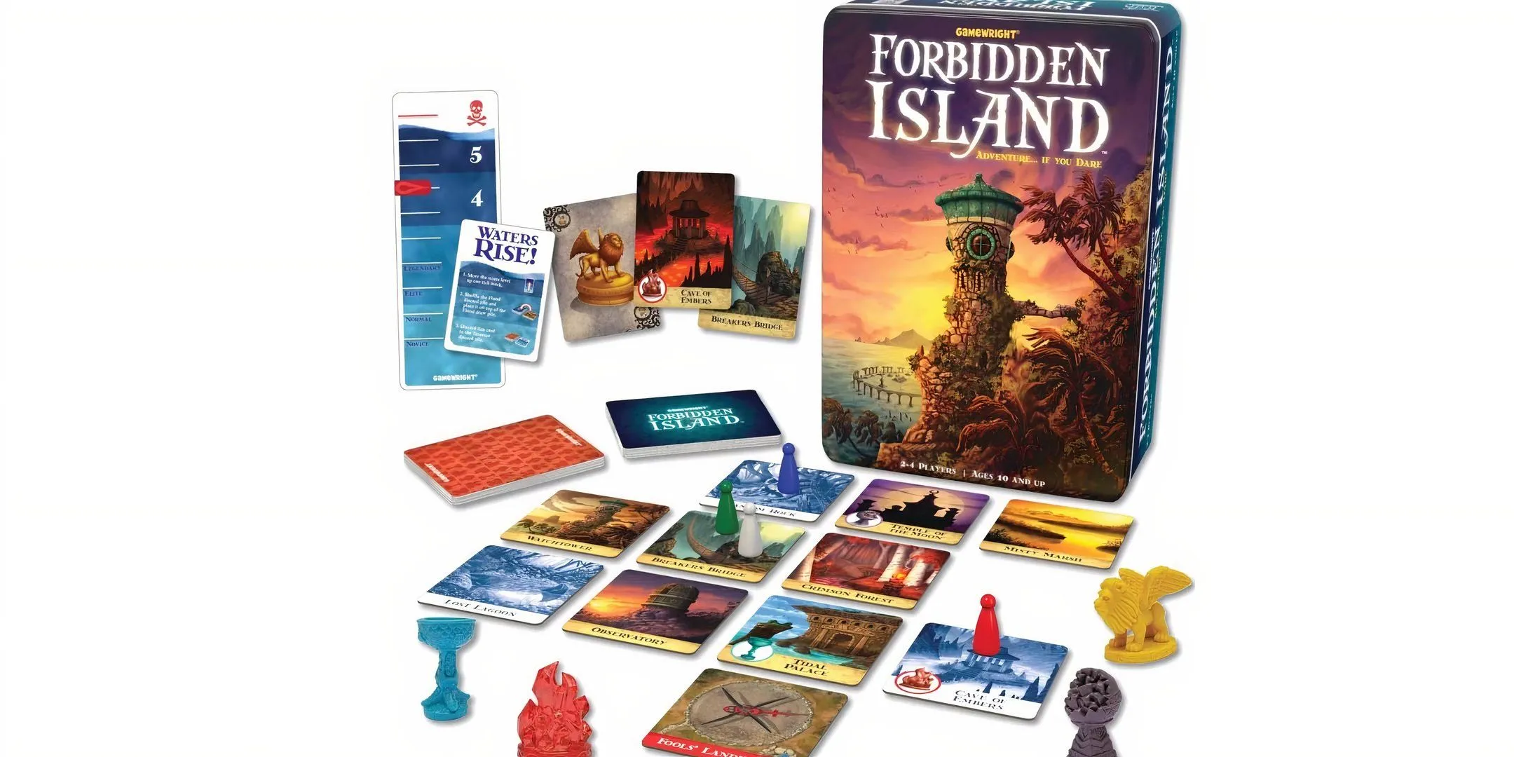 Bộ board game Forbidden Island với hộp và các mảnh ghép hòn đảo đang chìm
