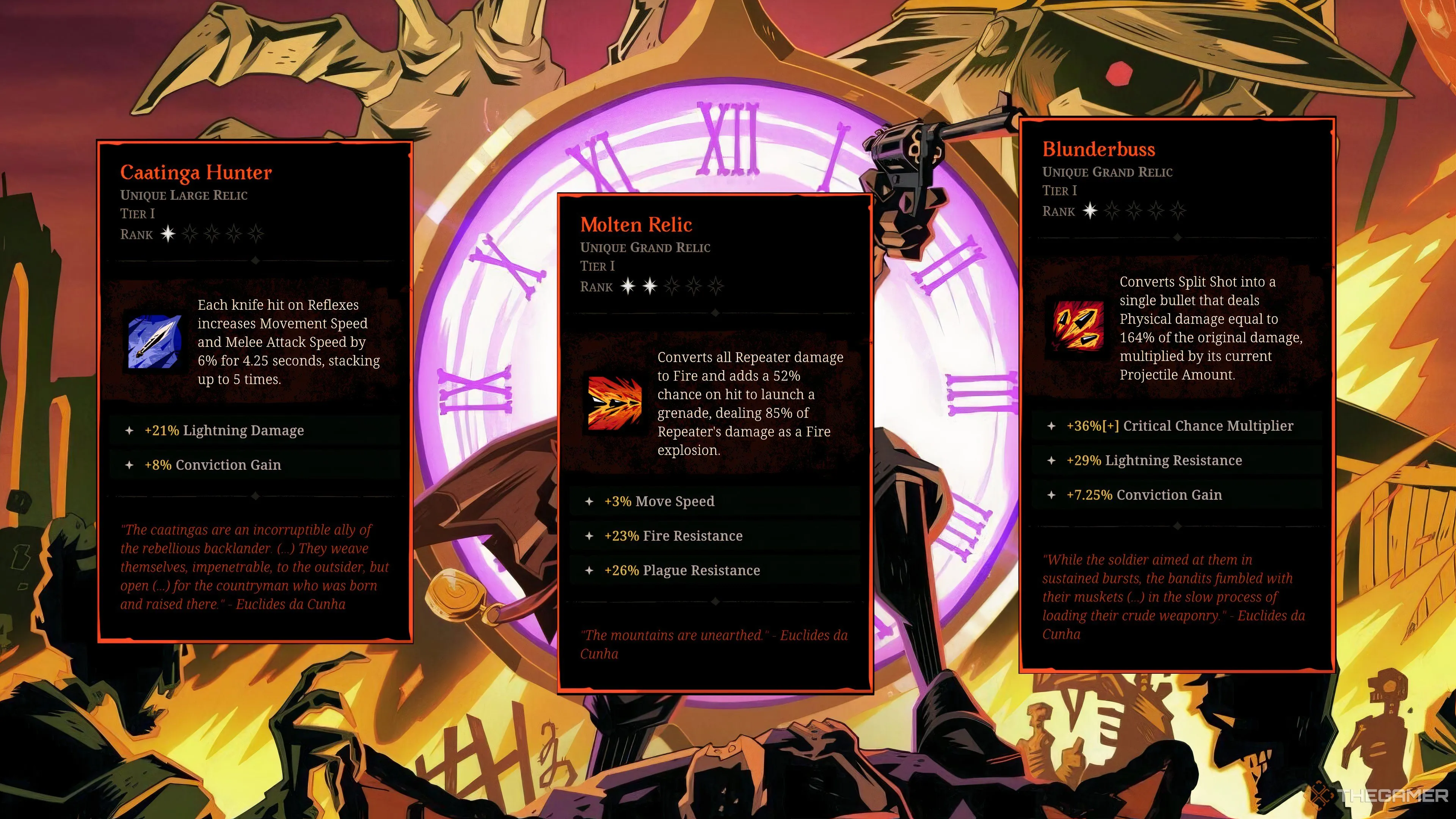 Các Relic A-Tier nổi bật trong Hell Clock: Caatinga Hunter, Molten Relic và Blunderbuss.