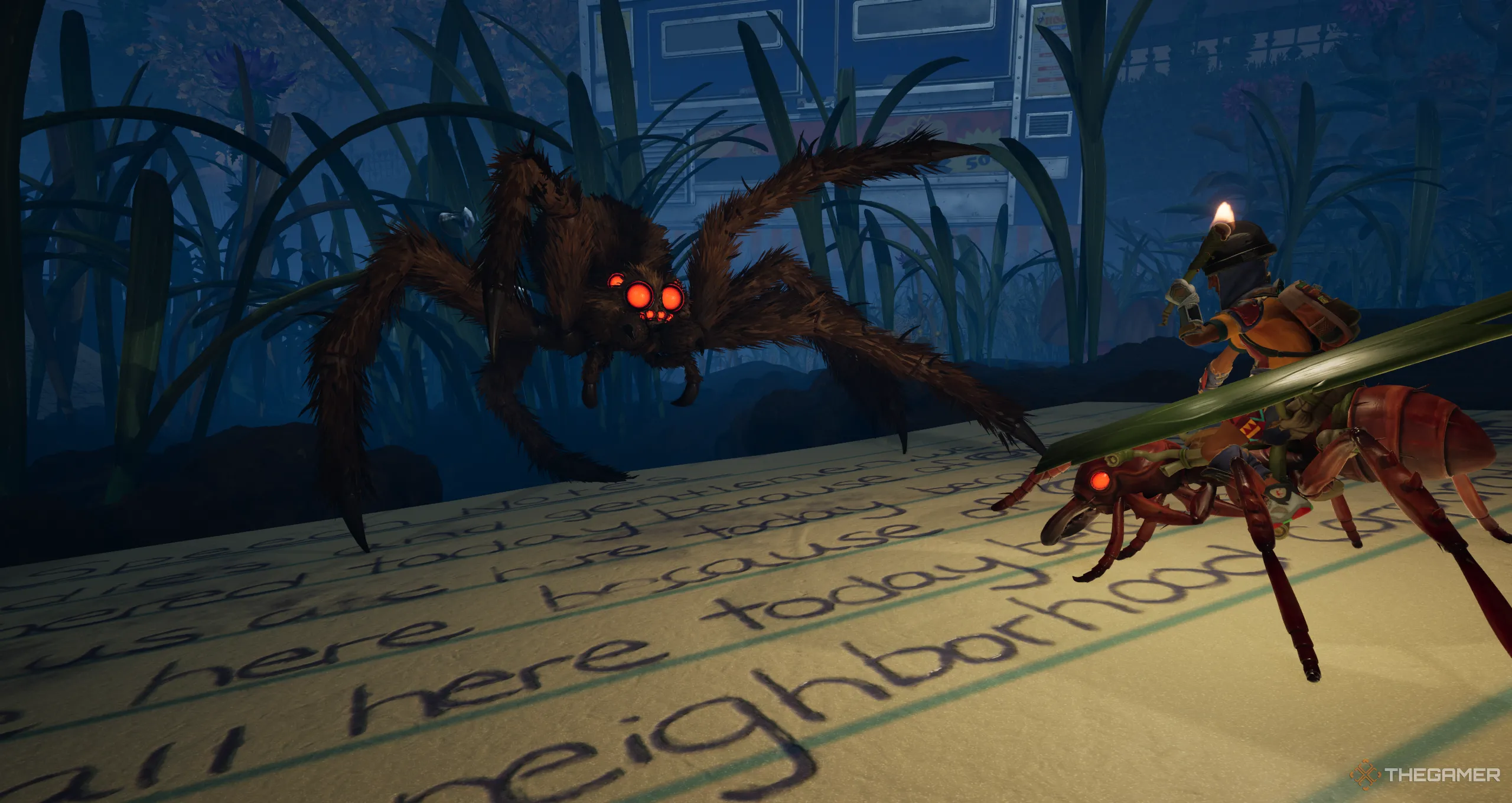 Cảnh chiến đấu căng thẳng với nhện sói (Wolf Spider) trong Grounded 2, kẻ thù nguy hiểm có thêm đòn tấn công nọc độc.