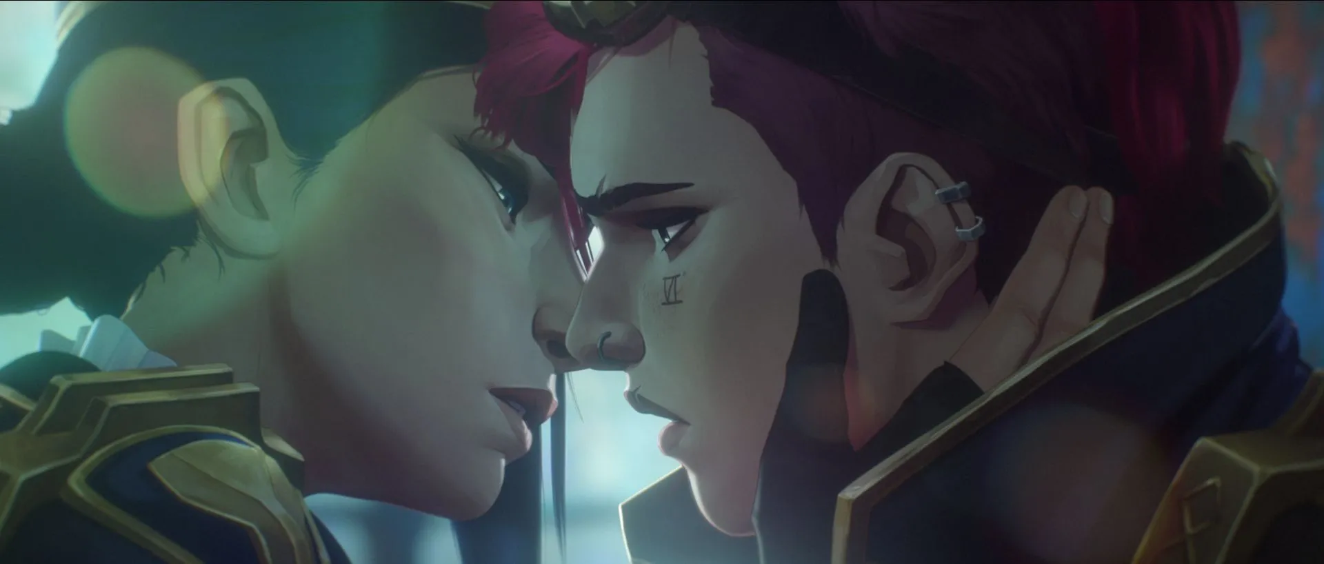 Cảnh hôn giữa Caitlyn và Vi trong Arcane, một trong những mối quan hệ LGBT+ canon nổi bật