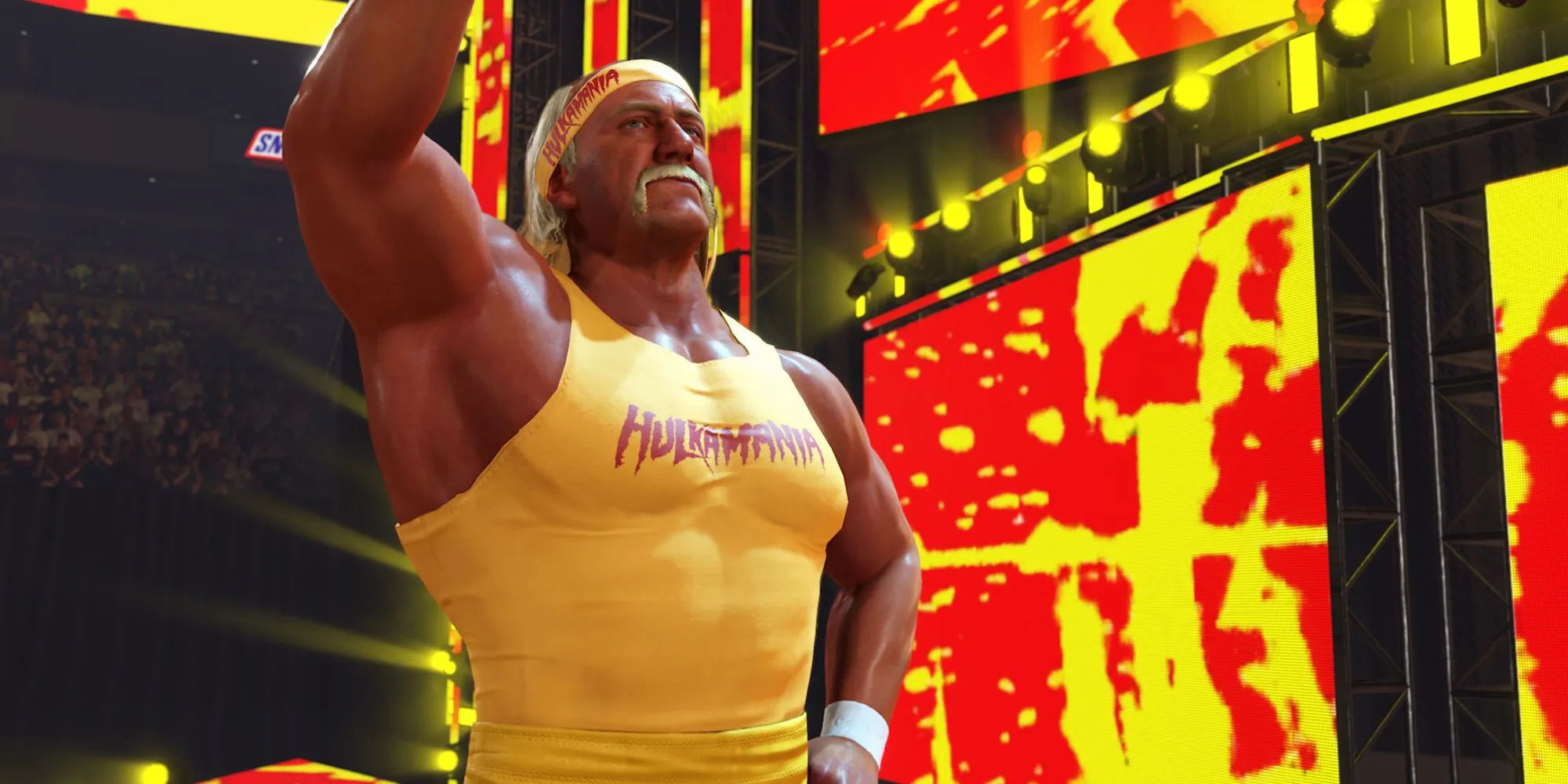 Cảnh Hulk Hogan bước ra sân khấu trong WWE 2K24, cho thấy khả năng tái hiện huyền thoại trong game