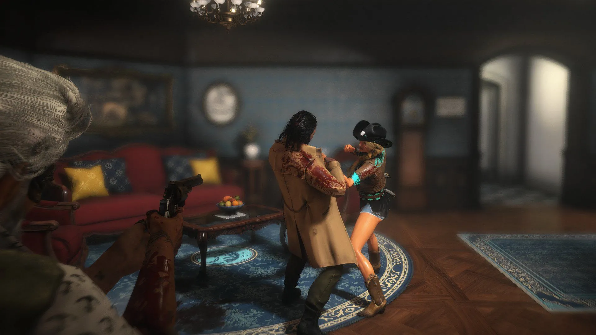 Cảnh quan hành lang khách sạn Gothic đầy ám ảnh trong Killer Inn, thể hiện thiết kế môi trường chi tiết và ánh sáng nghệ thuật.