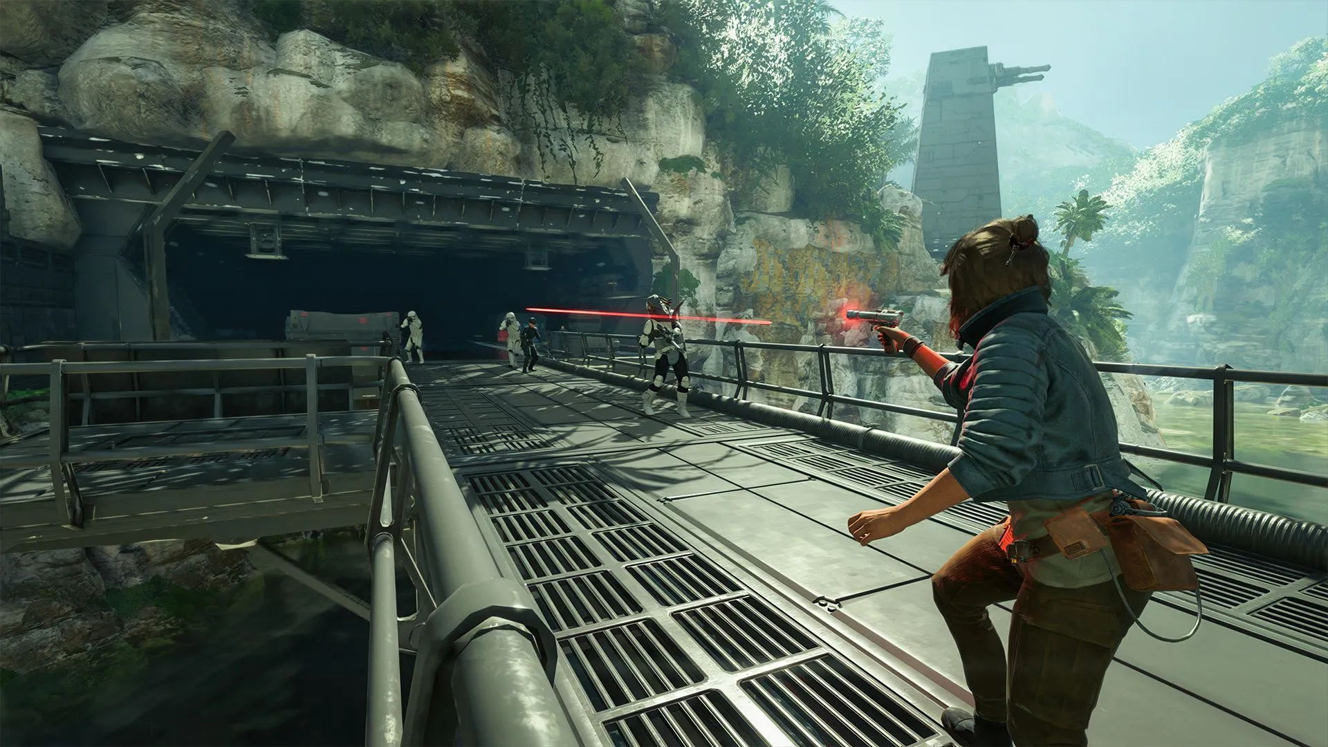 Cảnh quay gameplay Star Wars Outlaws trên Nintendo Switch 2 với các vấn đề về texture và chi tiết nhân vật.