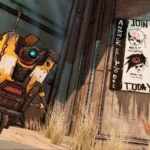 Claptrap trong Borderlands 3 đứng trước một cánh cổng khóa kín