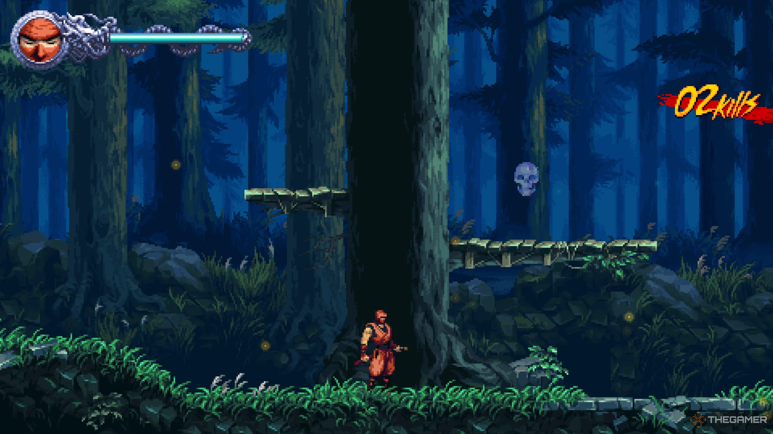 Đầu Lâu Pha Lê số 2 ẩn mình trên bệ đá gần chiến binh Samurai trong Ninja Gaiden: Ragebound.