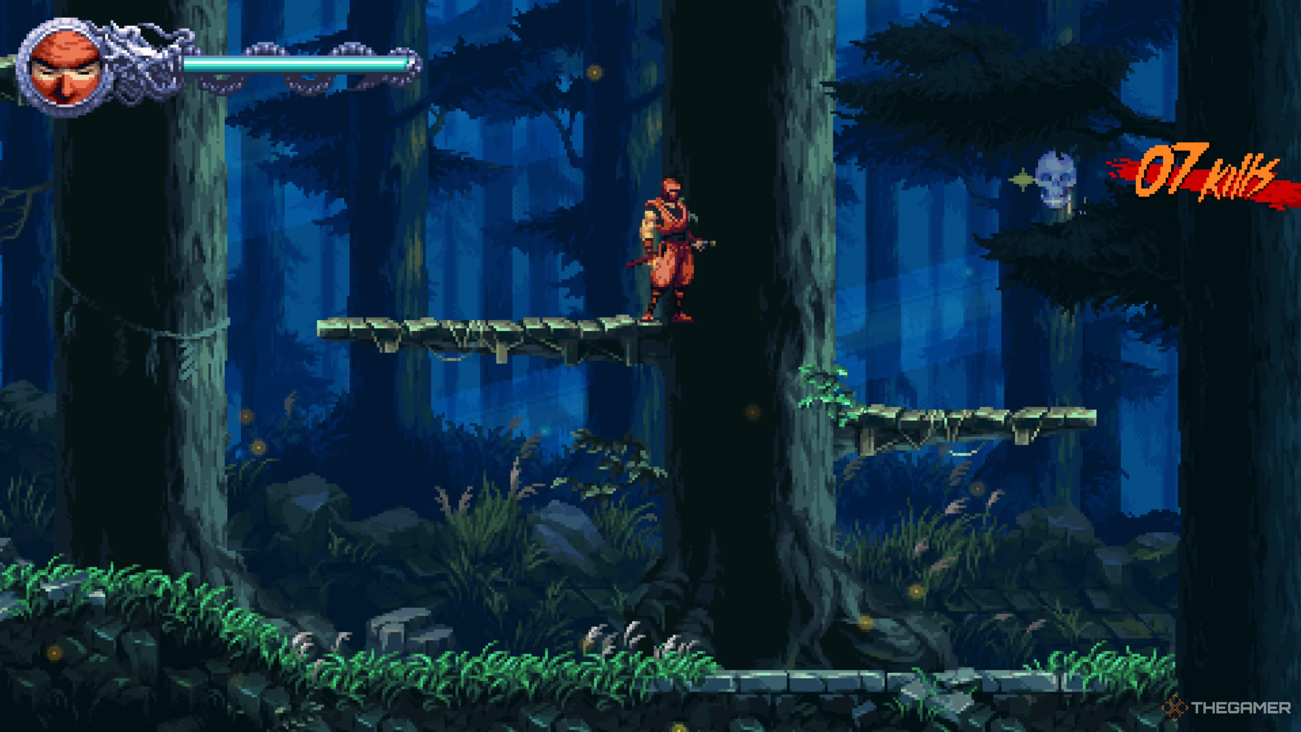 Đầu Lâu Pha Lê số 3 khuất sau tán cây trong màn P1 của Ninja Gaiden: Ragebound.