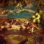 Đội hình nhân vật chính trong Octopath Traveler 2, minh họa phong cách đồ họa HD-2D