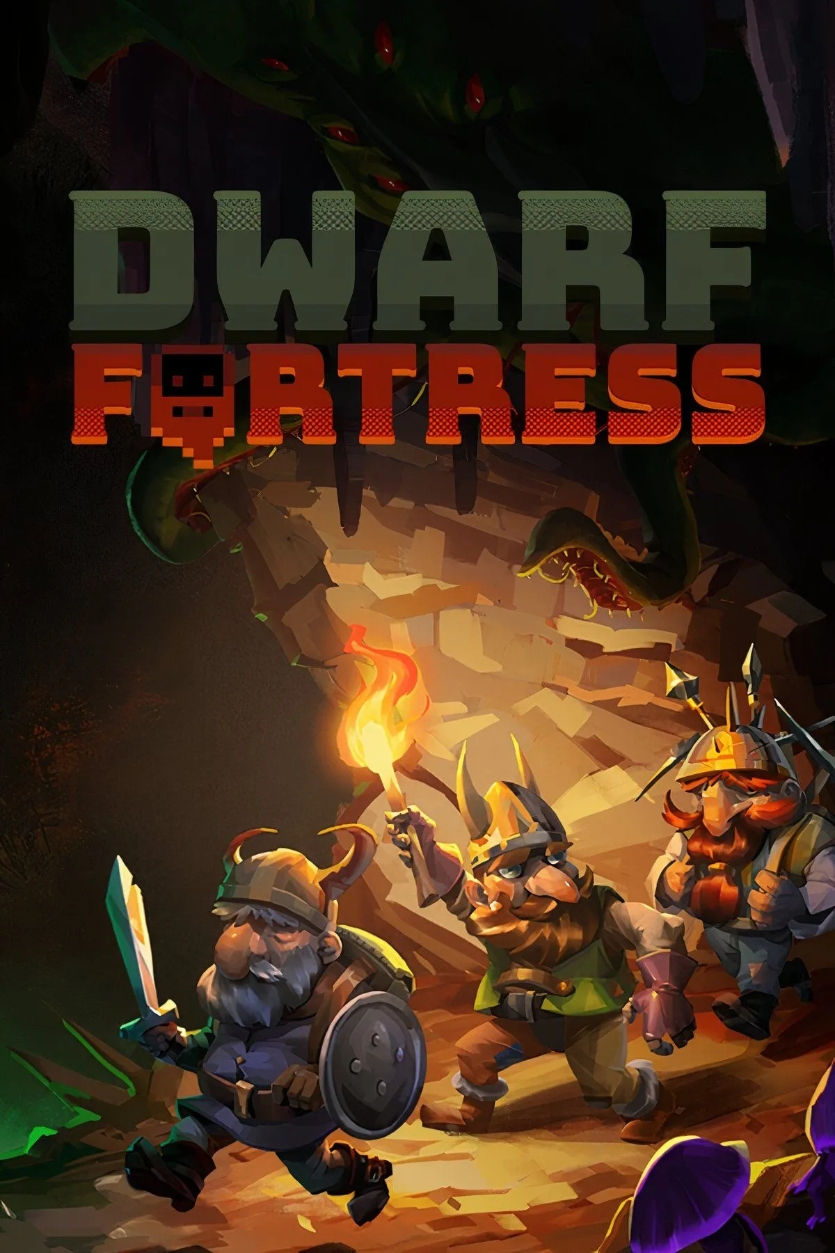 Giao diện đồ họa phức tạp của Dwarf Fortress với các công trình dưới lòng đất và hình ảnh nhân vật lùn