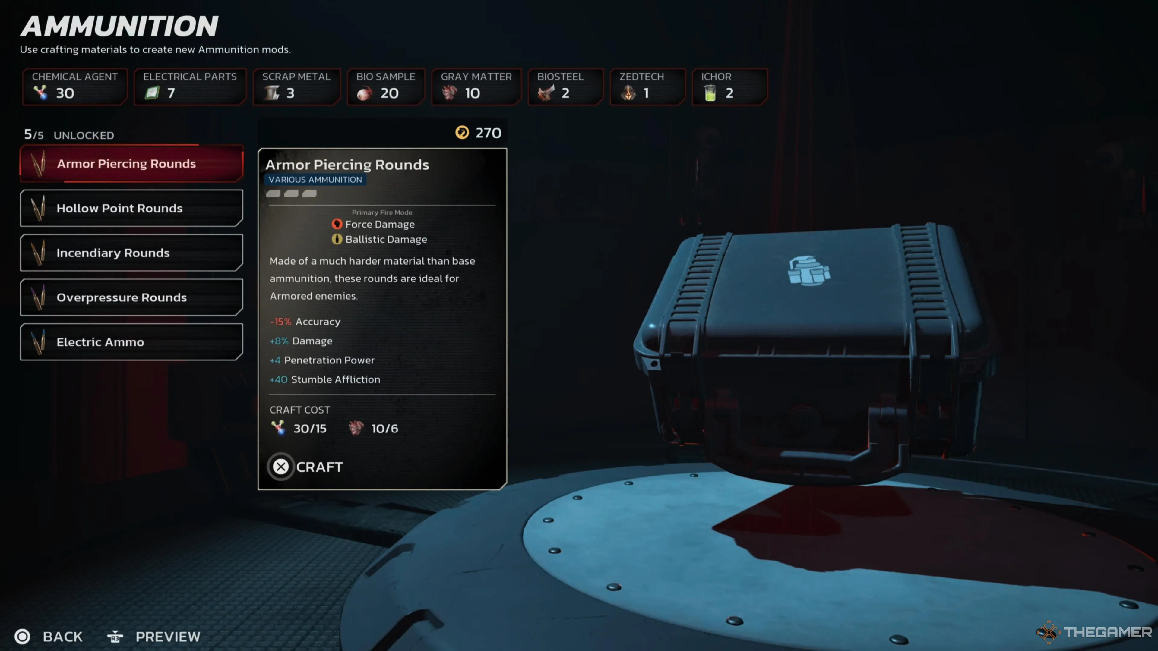 Giao diện nâng cấp mod vũ khí, cụ thể là mod đạn xuyên giáp, trong hệ thống trang bị của Killing Floor 3.