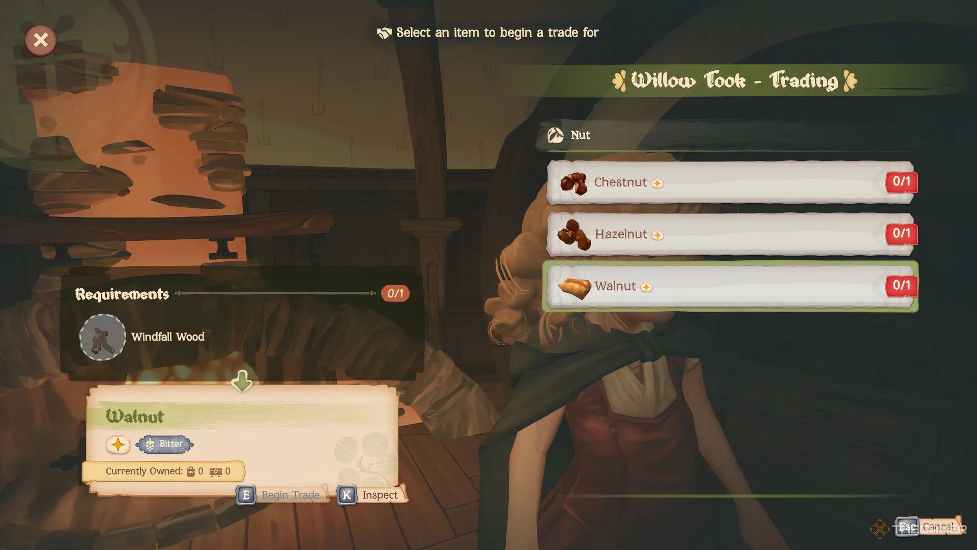Giao diện trao đổi vật phẩm với NPC trong Tales Of The Shire, hiển thị các nguyên liệu có thể giao dịch.
