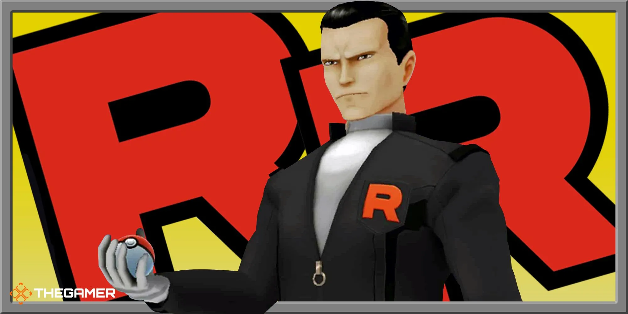 Giovanni với đồng phục Team Rocket, đứng trước phông nền biểu tượng của tổ chức, thể hiện vai trò là thủ lĩnh.