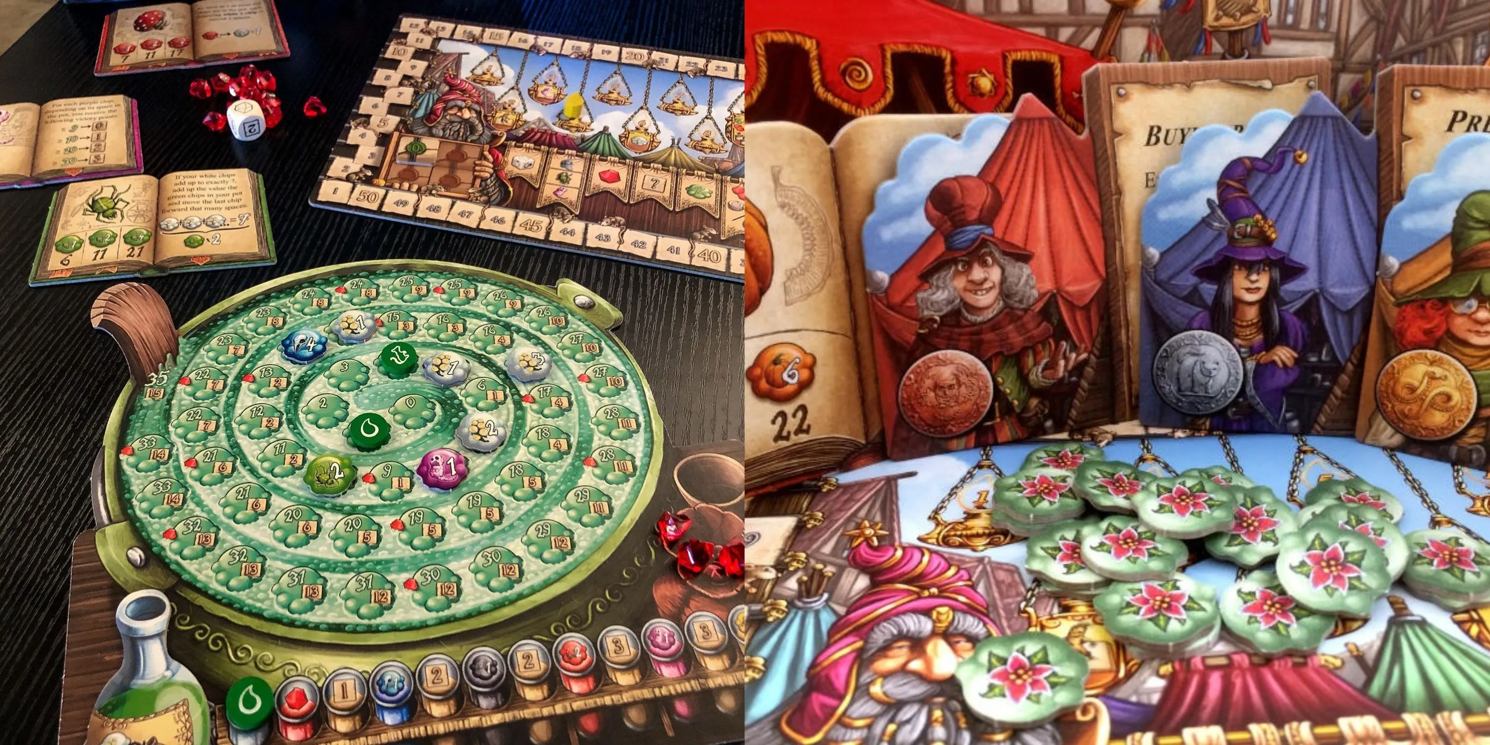 Hai hình ảnh game Quacks of Quedlinburg cạnh nhau, thể hiện các túi và nguyên liệu