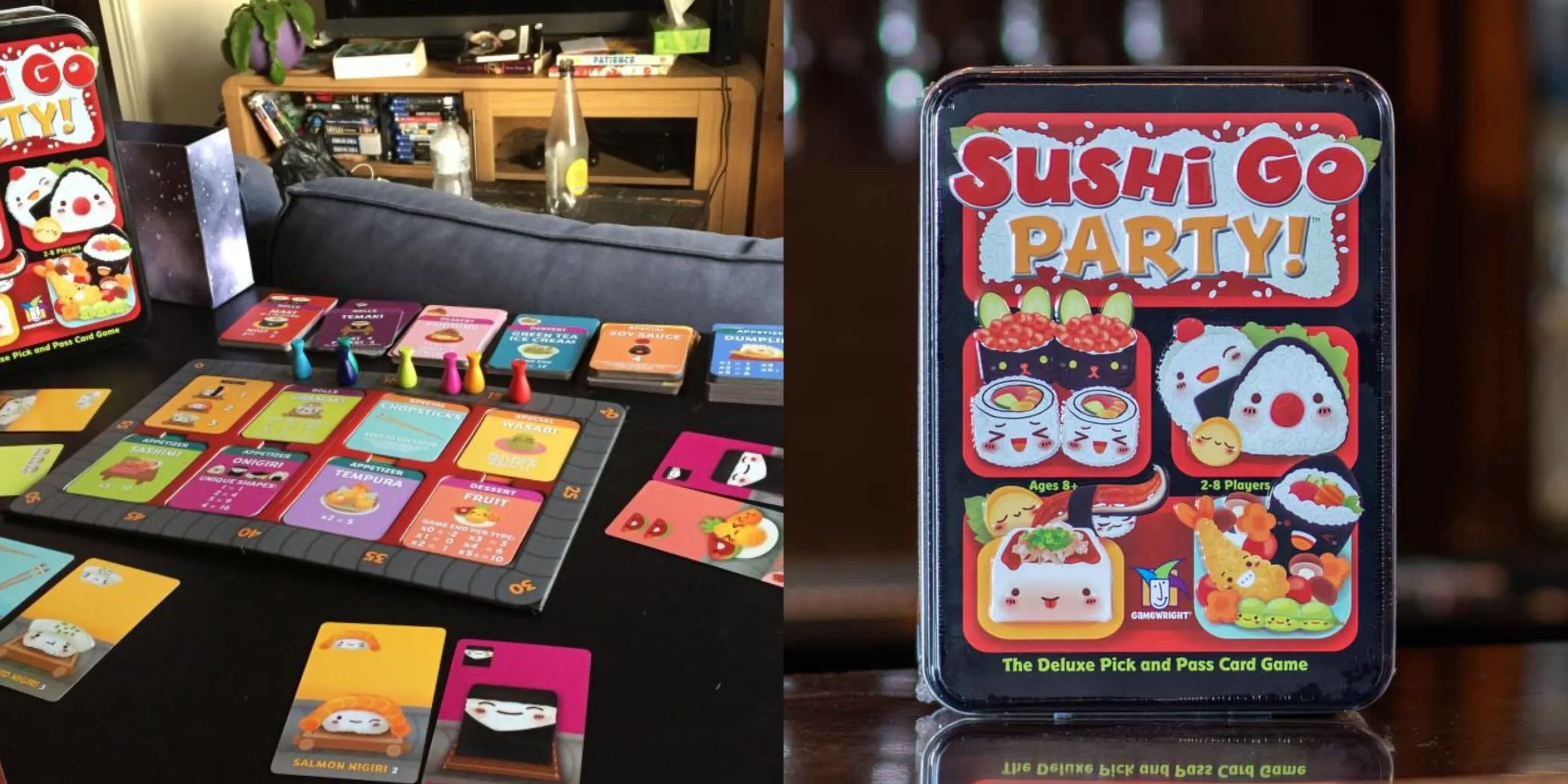 Hai hình ảnh game Sushi Go Party cạnh nhau, thể hiện các lá bài sushi
