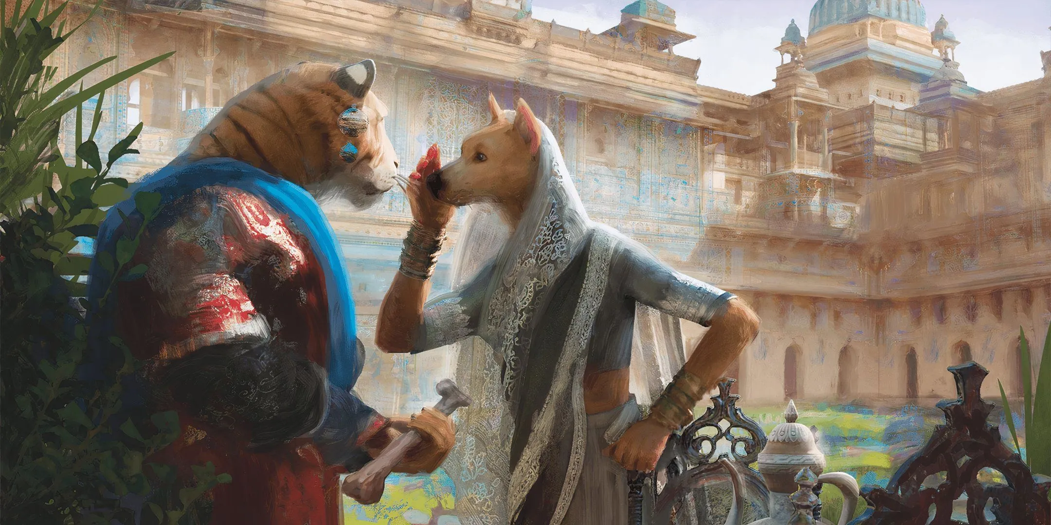 Hai người thú đang trò chuyện tại Cerulean Citadel, thể hiện sự trao đổi thông tin và tầm quan trọng của việc đưa ra phản hồi mang tính xây dựng sau mỗi phiên Dungeons &amp; Dragons. 