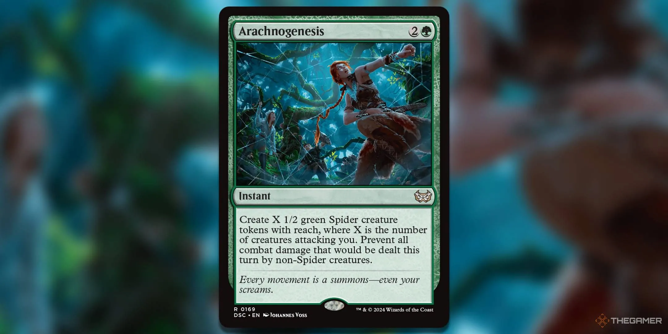 Hình ảnh thẻ bài Arachnogenesis từ Magic: The Gathering, một lá bài Instant tạo ra Spider tokens và ngăn chặn sát thương.