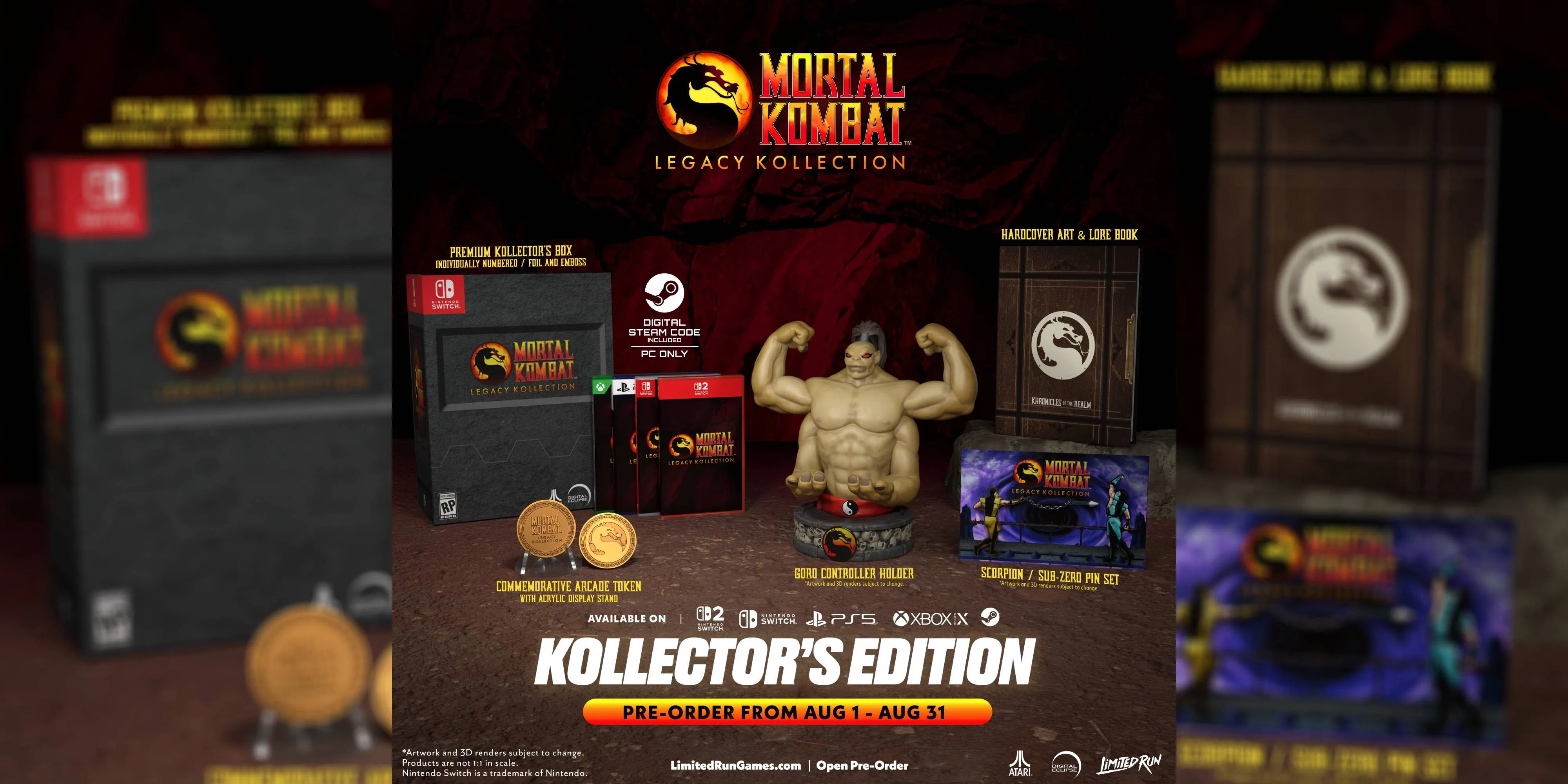 Hình ảnh tượng Goro giữ controller và các vật phẩm độc quyền trong Mortal Kombat Legacy Kollection Kollector's Edition