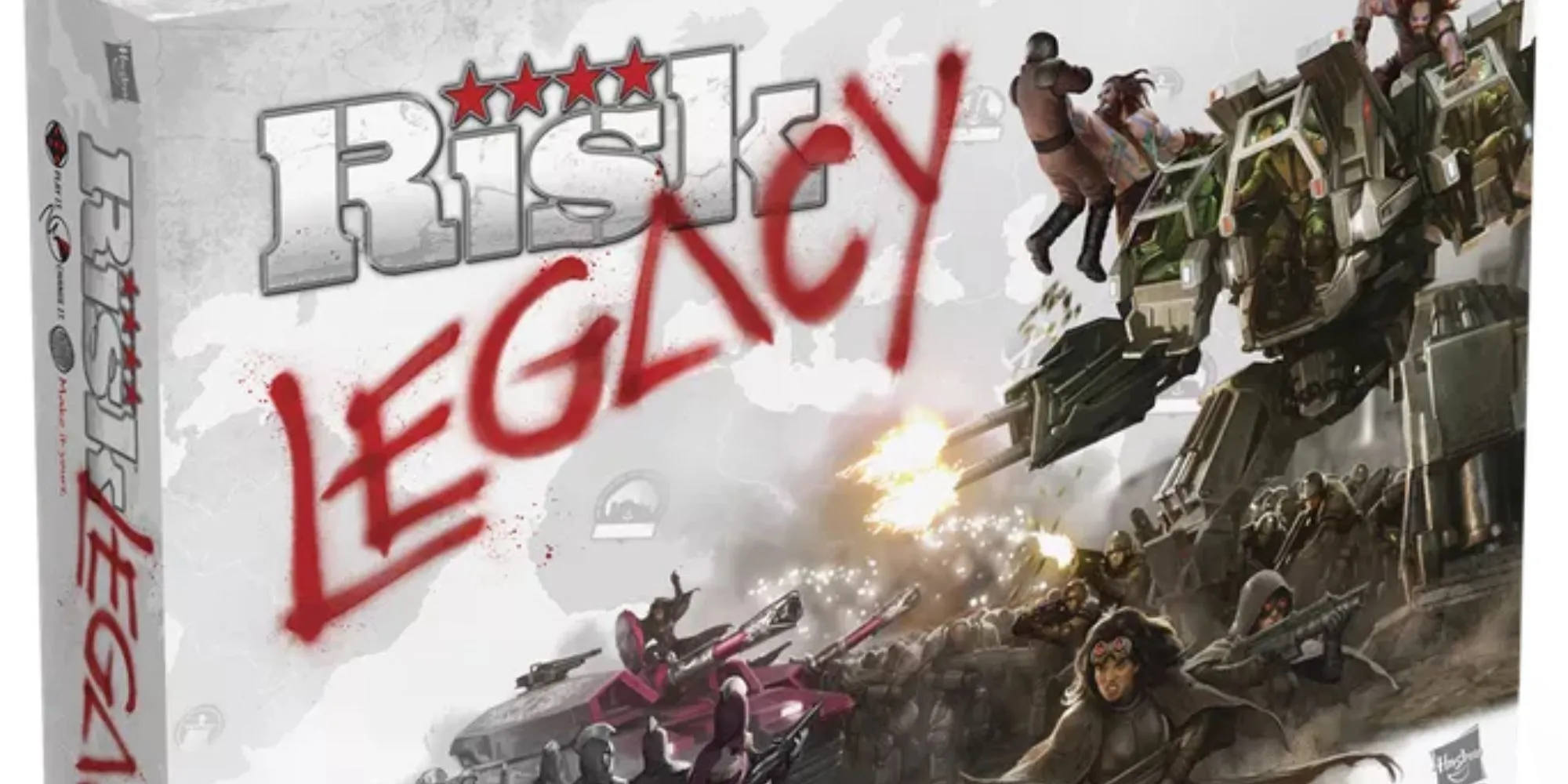 Hộp game Risk Legacy với hình ảnh robot cơ khí tấn công binh lính bộ binh