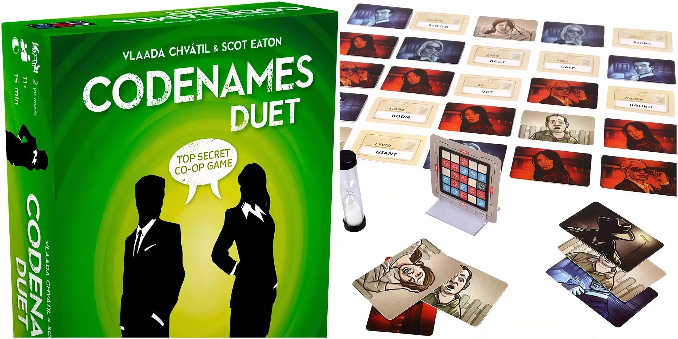 Hộp và bảng chơi của board game Codenames, thể hiện các từ khóa mật mã cần giải mã thông qua giao tiếp có giới hạn