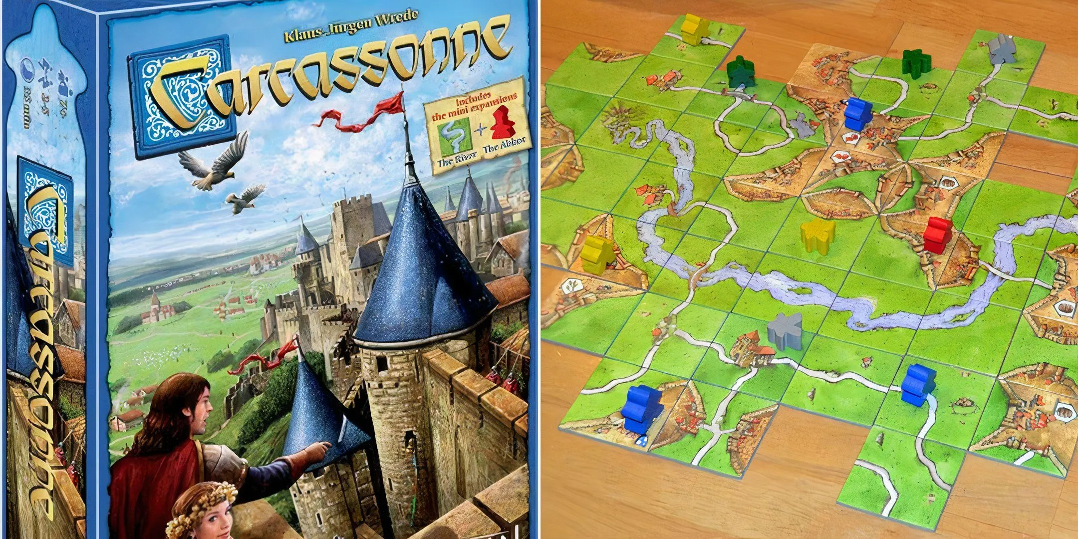 Hộp và các thành phần board game Carcassonne, bao gồm các ô gạch và người chơi (meeple)
