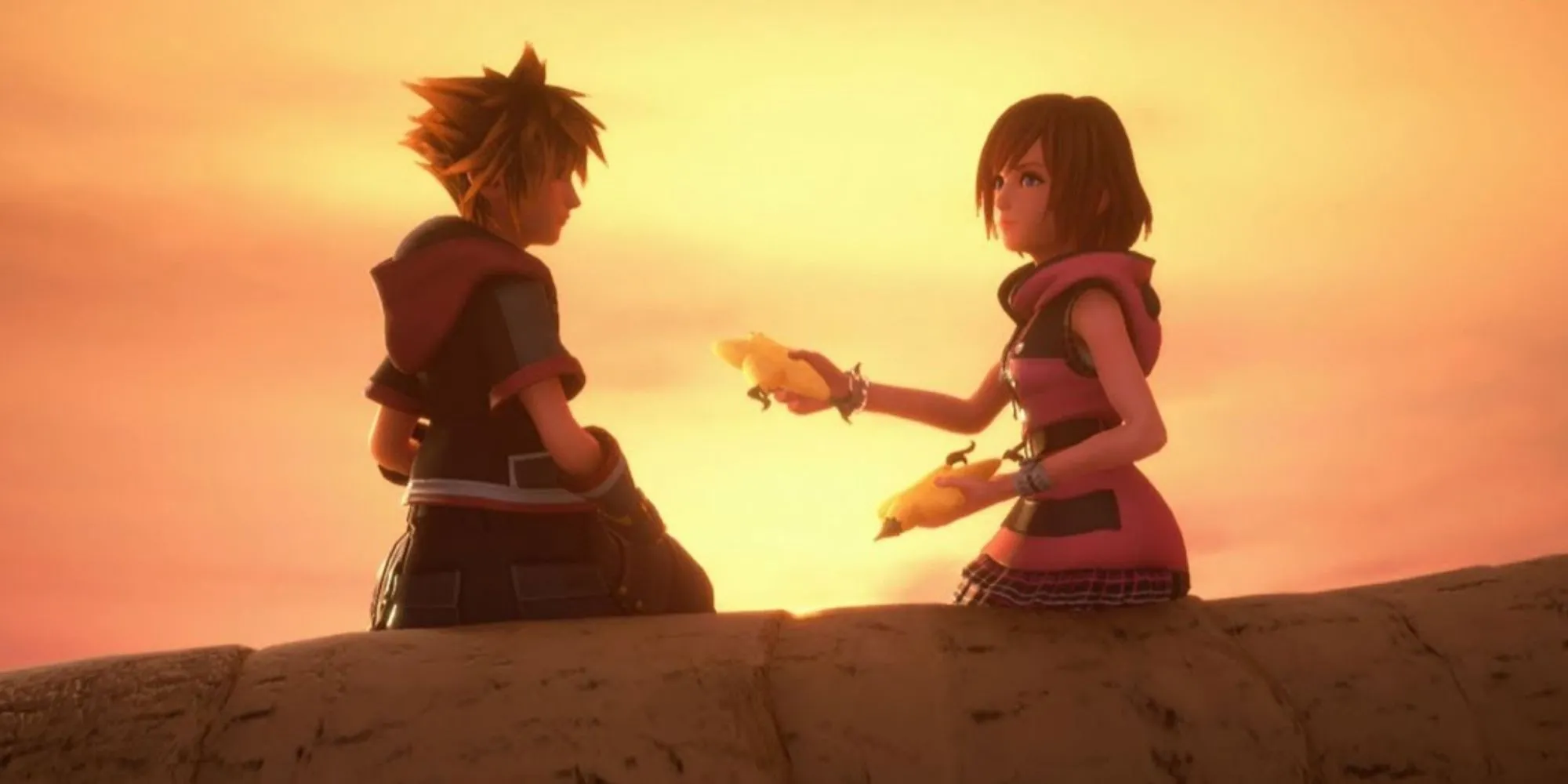 Kairi trao quả paopu cho Sora trong Kingdom Hearts 3, tượng trưng cho mối liên kết định mệnh giữa hai người.
