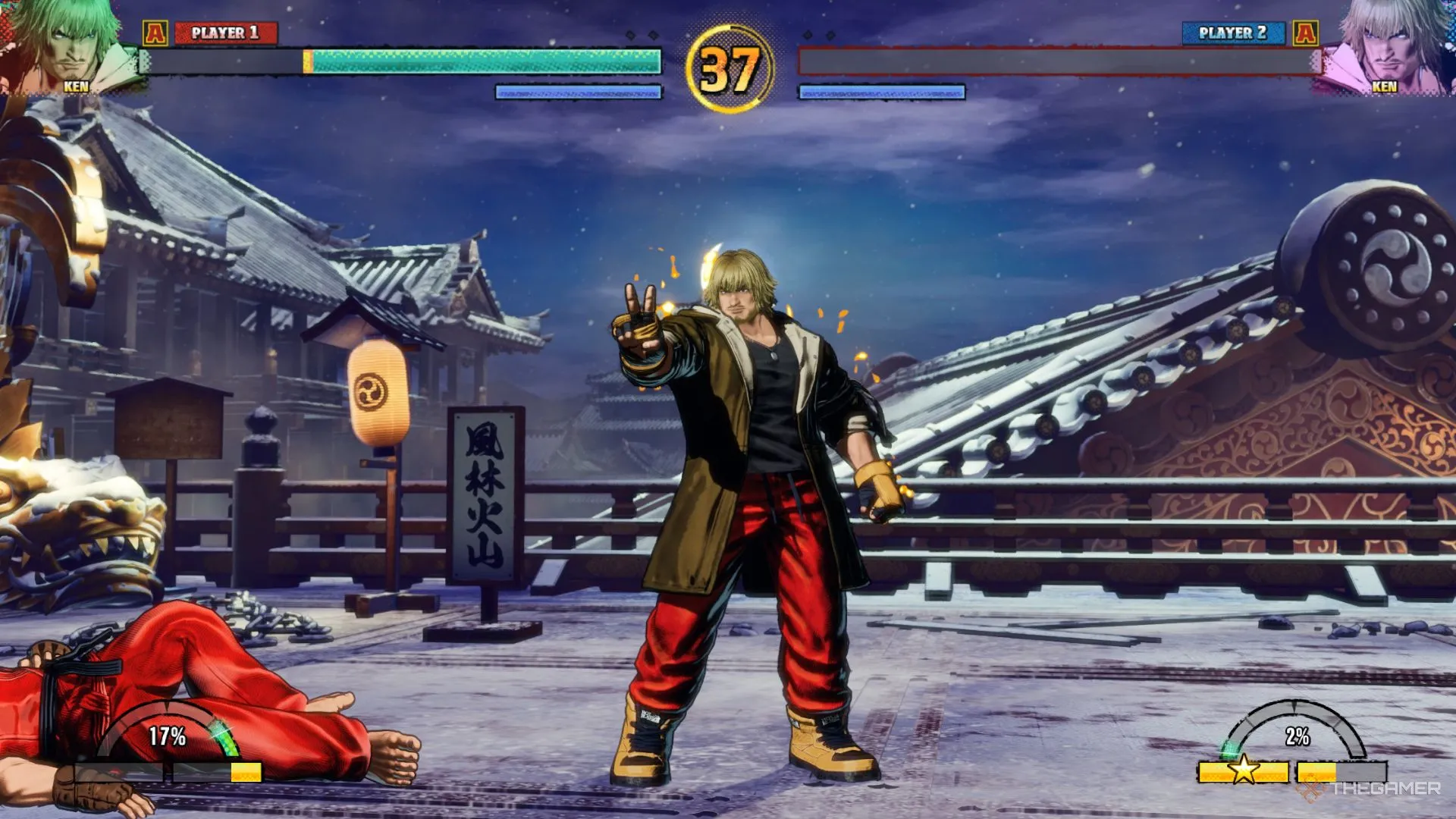 Ken Masters ăn mừng chiến thắng với điệu bộ đặc trưng, thể hiện sự tự tin và cá tính mạnh mẽ của nhân vật sau trận đấu trong Fatal Fury: City of the Wolves.