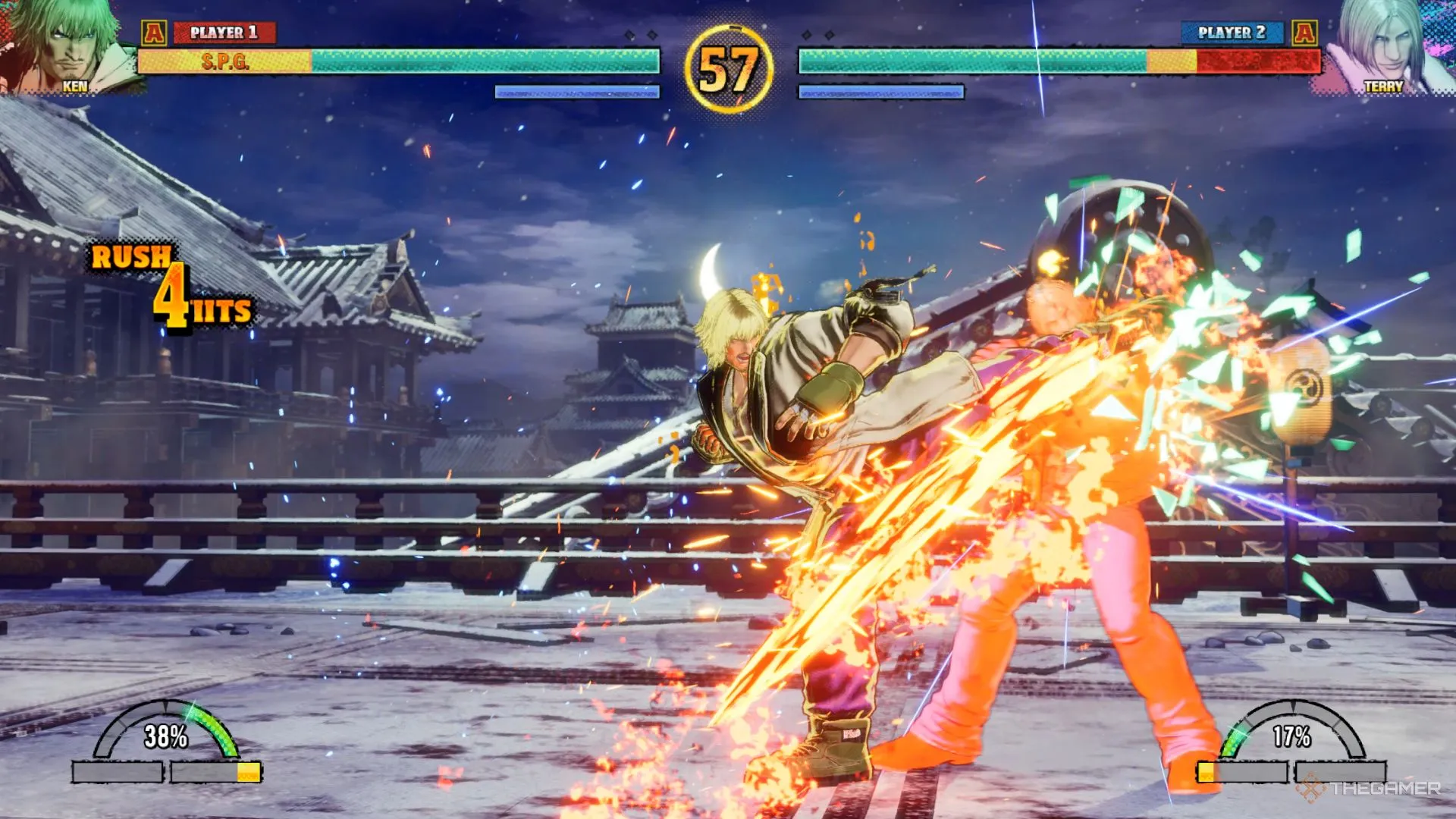 Ken Masters thực hiện đòn Jinrai Kick đầy uy lực, cho thấy sự linh hoạt trong bộ chiêu thức và khả năng gây áp lực lên đối thủ trong Fatal Fury: City of the Wolves.