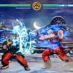 Ken Masters tung Hadoken thần tốc trong chế độ luyện tập của Fatal Fury: City of the Wolves, thể hiện khả năng tấn công tầm xa hiệu quả.