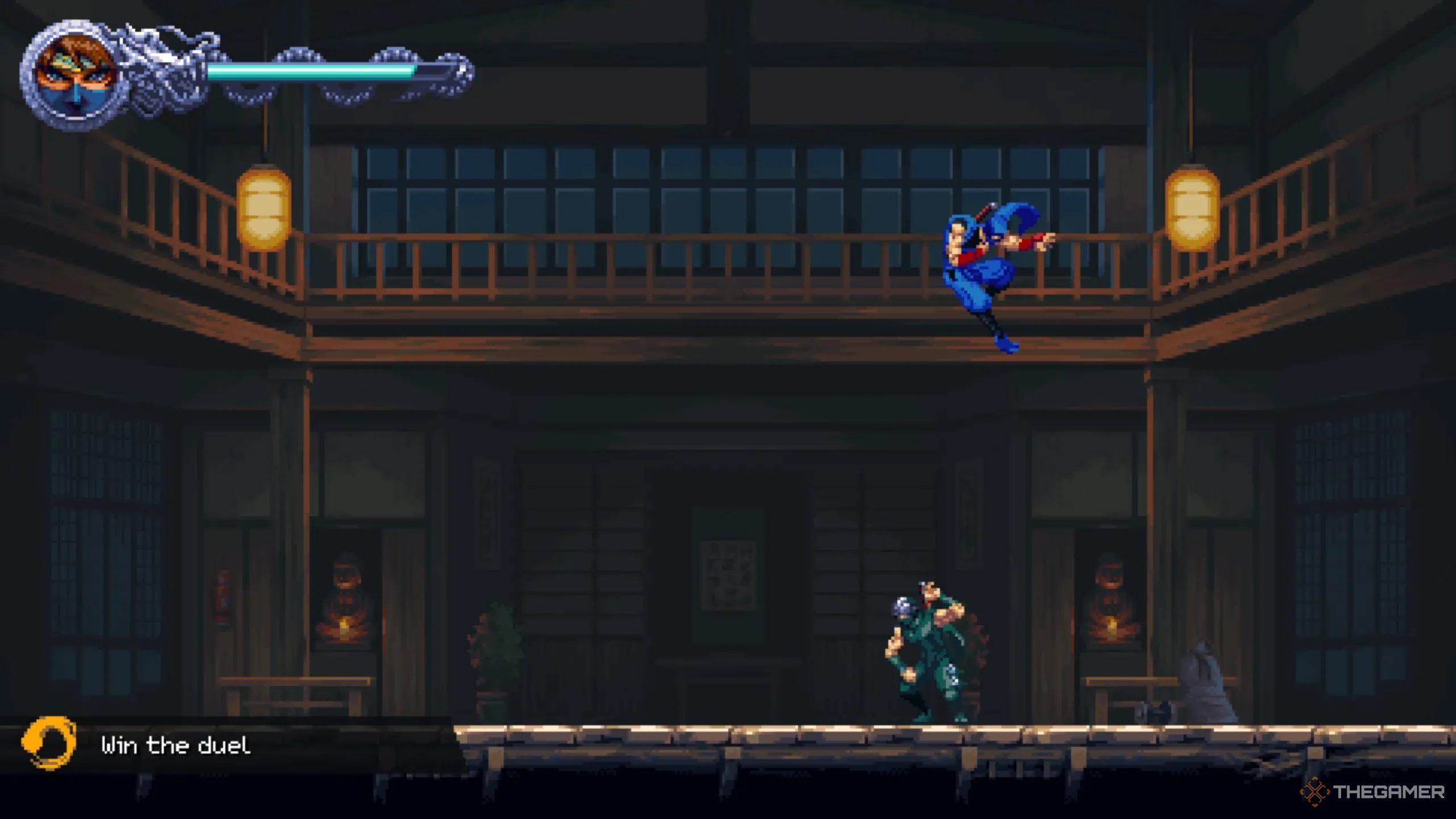 Kenji đứng trên xác Ryu sau khi giành chiến thắng trận đấu đầy kịch tính trong Ninja Gaiden Ragebound