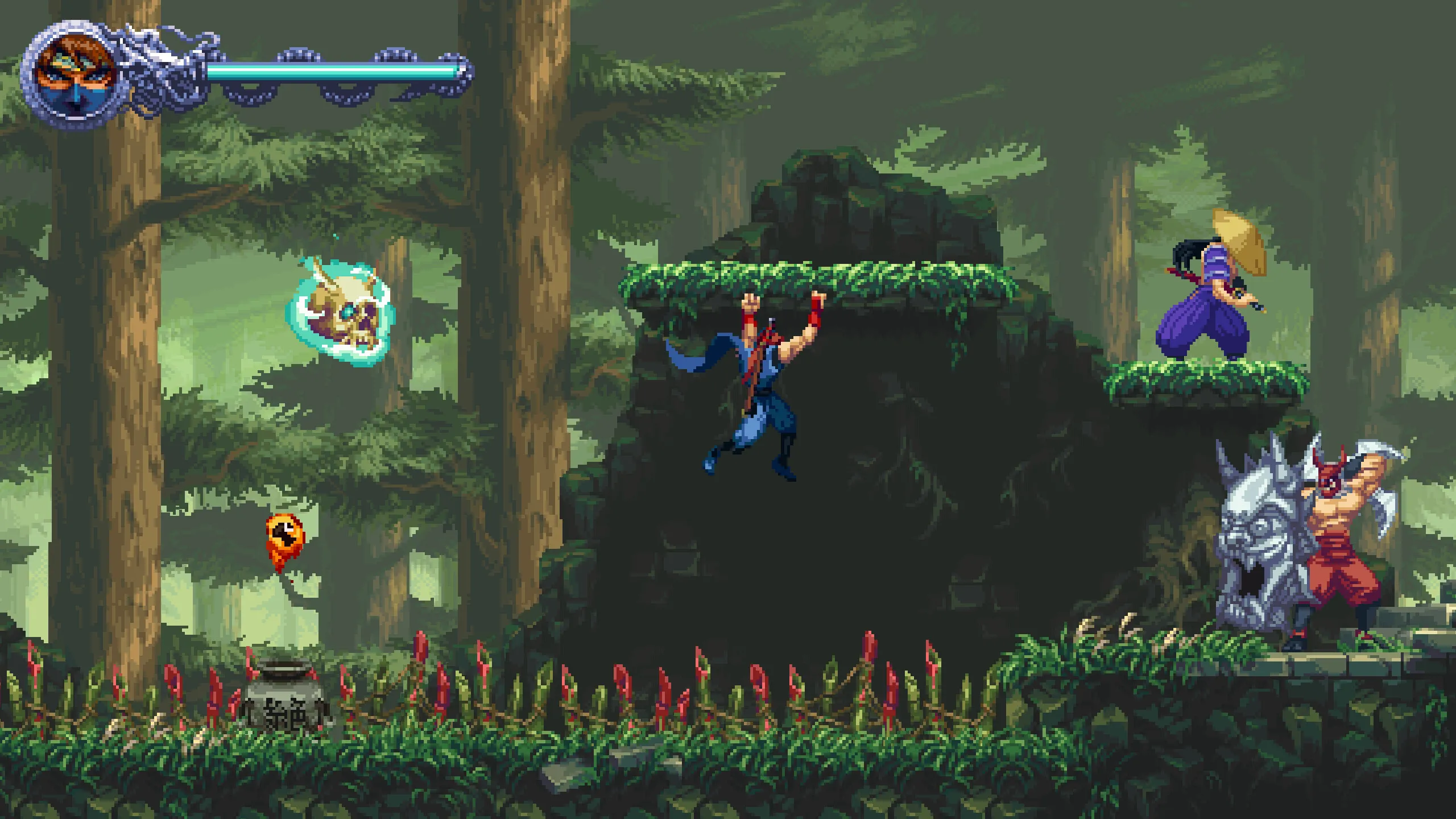 Kenji leo trèo trong khu rừng trong Ninja Gaiden: Ragebound.
