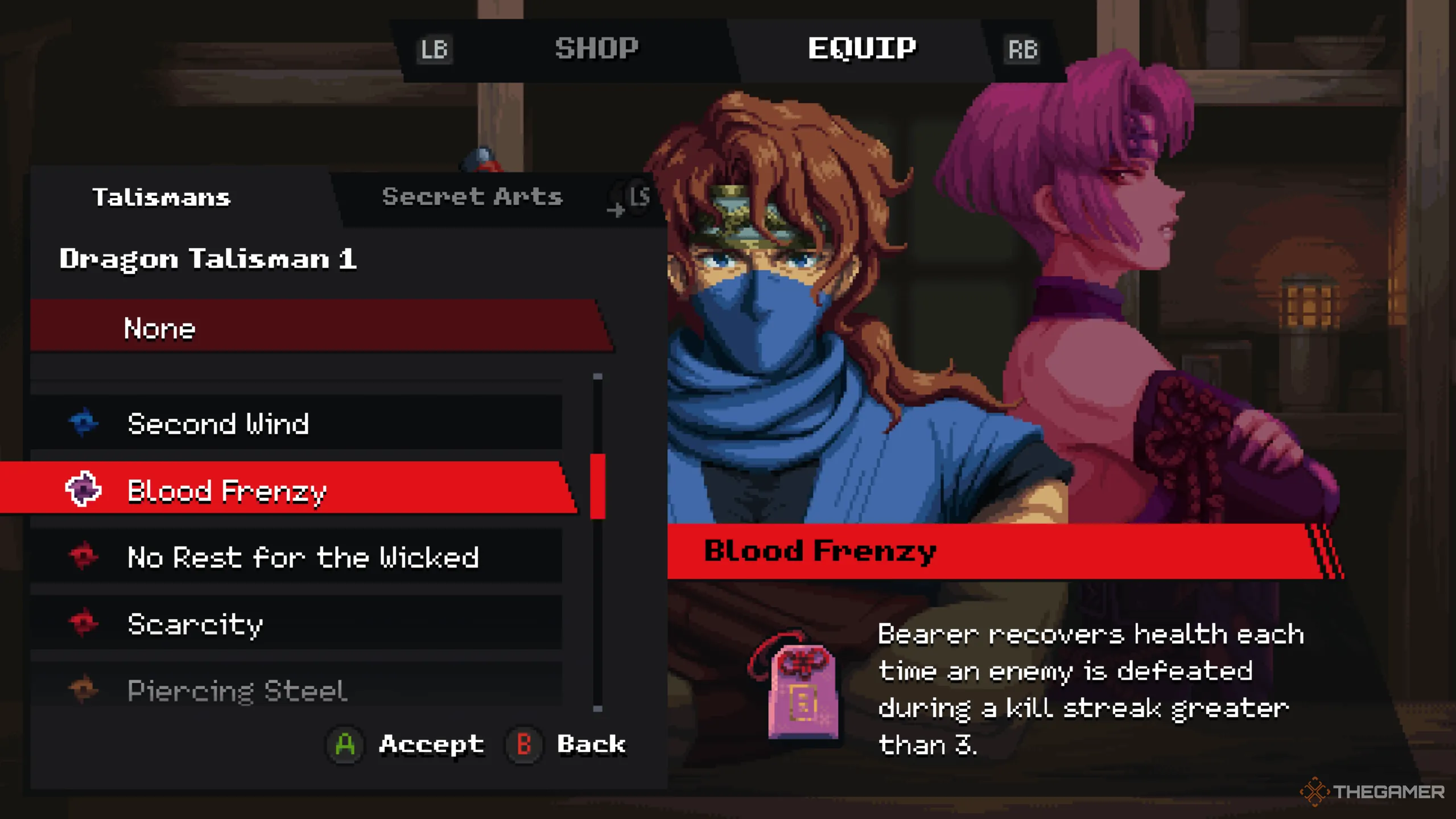 Kenji sử dụng Bùa Cuồng Huyết (Blood Frenzy Talisman) để phục hồi HP trong Ninja Gaiden Ragebound