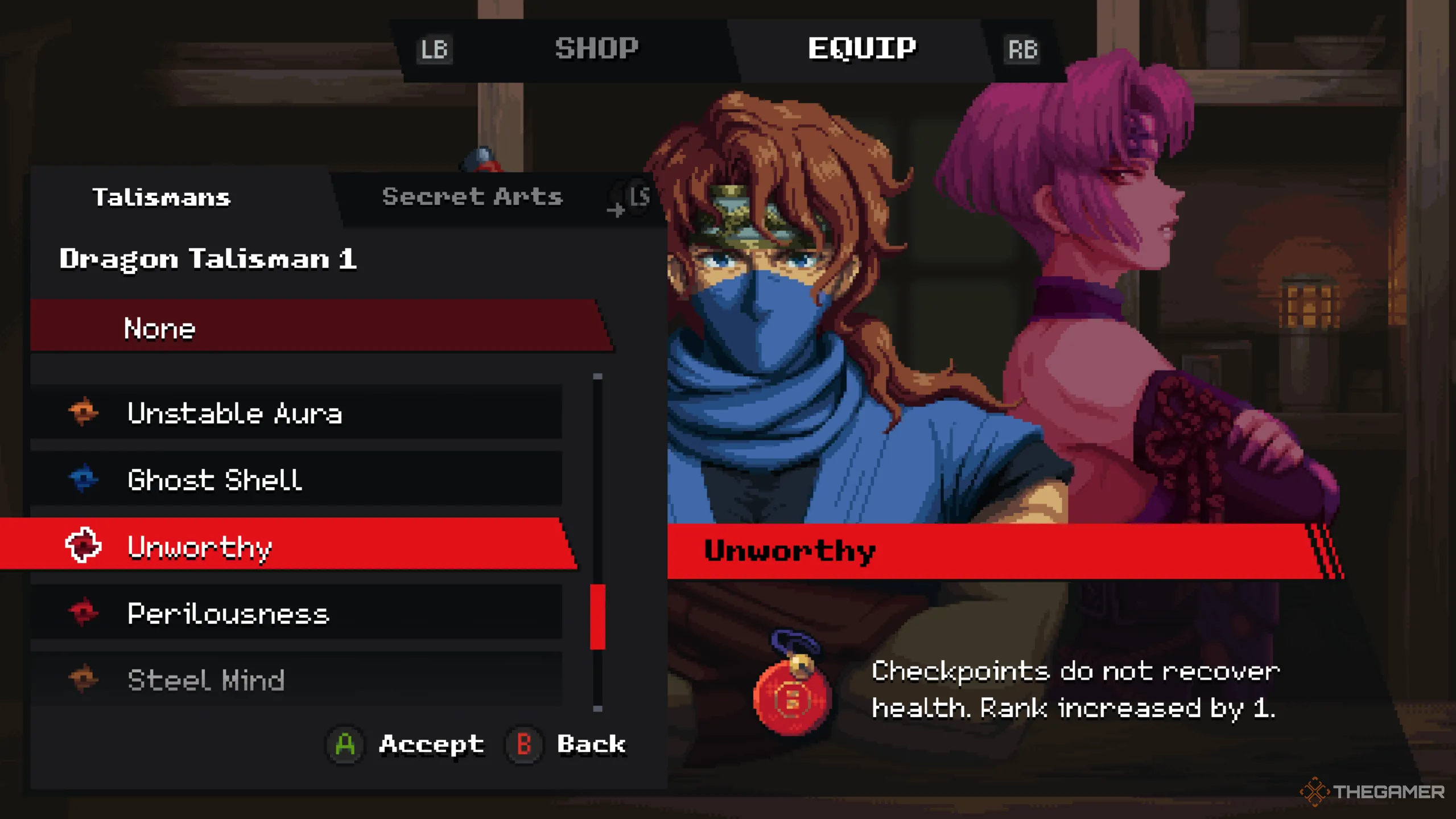 Kenji trang bị Bùa Bất Xứng (Unworthy Talisman) tại cửa hàng Muramasa trong Ninja Gaiden Ragebound