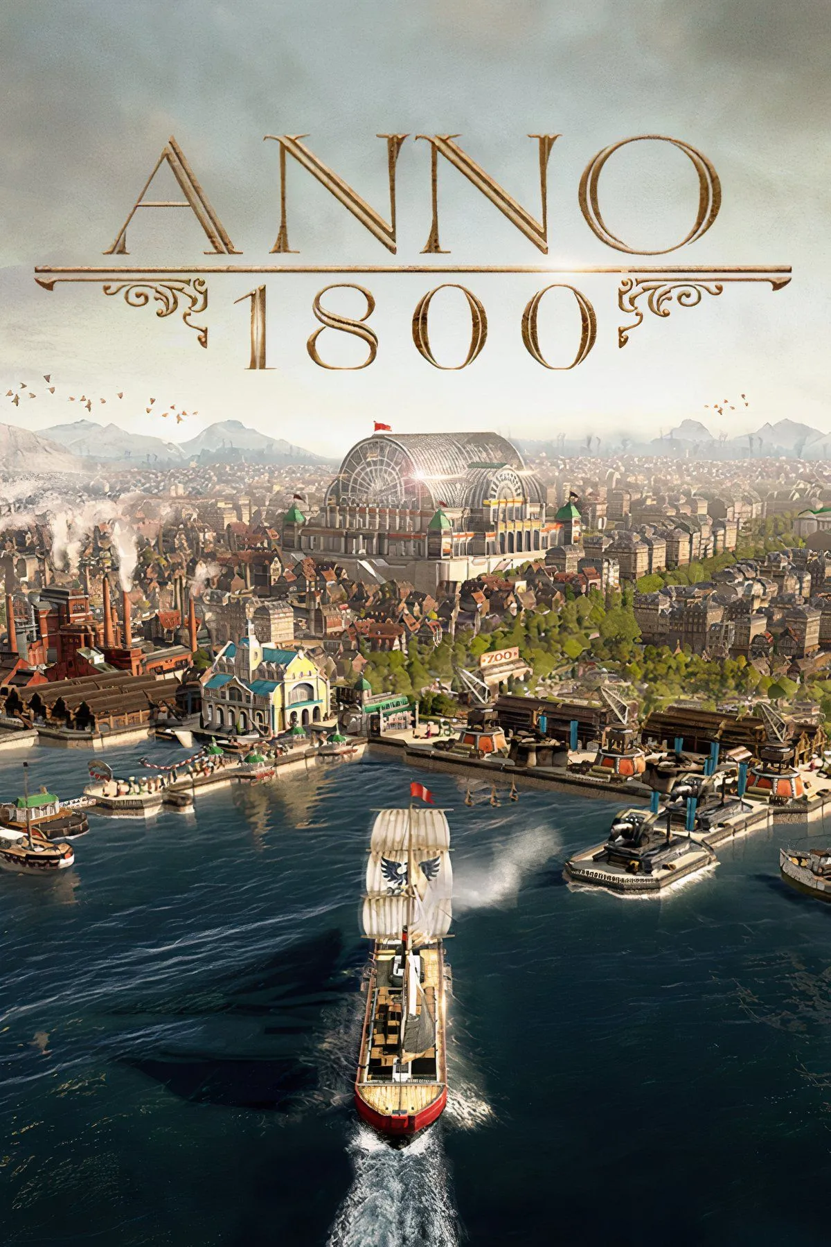 Khu đô thị công nghiệp sầm uất với các nhà máy và tàu hơi nước trong Anno 1800, thể hiện gameplay xây dựng thành phố phức tạp