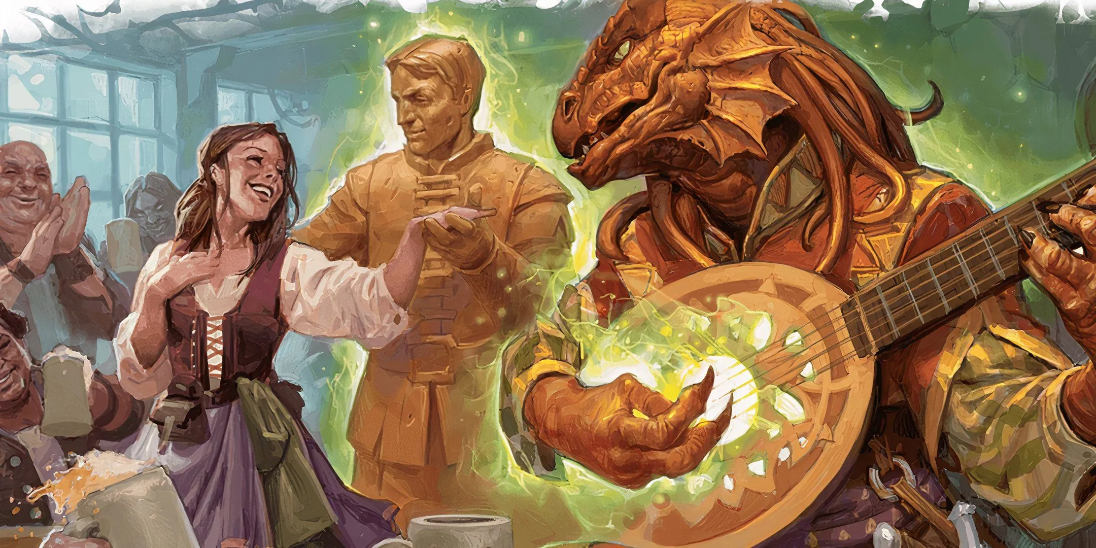 Một Bard tộc Dragonborn đang sử dụng phép thuật lên một nhân vật khác, minh họa việc áp dụng các quy tắc phép thuật và hiệu ứng trong Dungeons &amp; Dragons. 