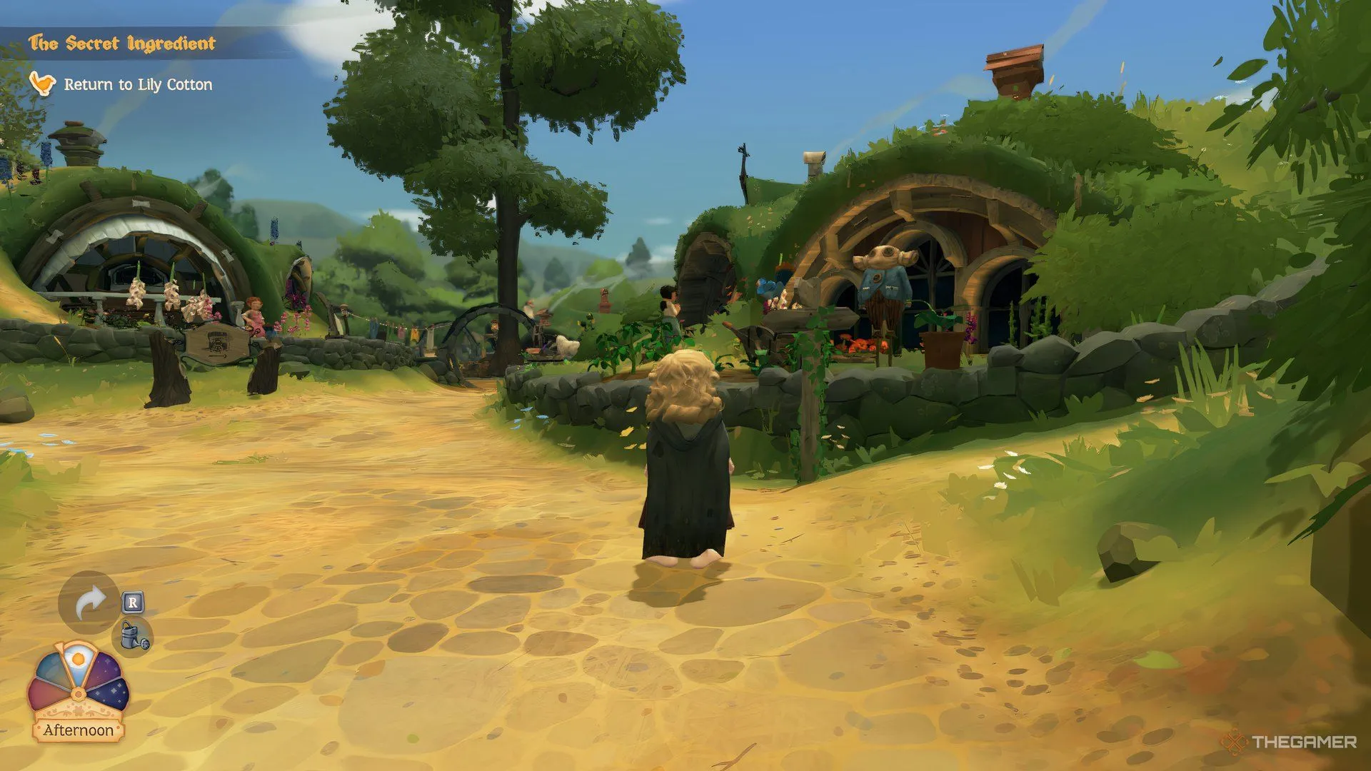 Một chú chim dẫn đường đậu trên biển báo trong Tales Of The Shire, chỉ hướng đi cho người chơi.