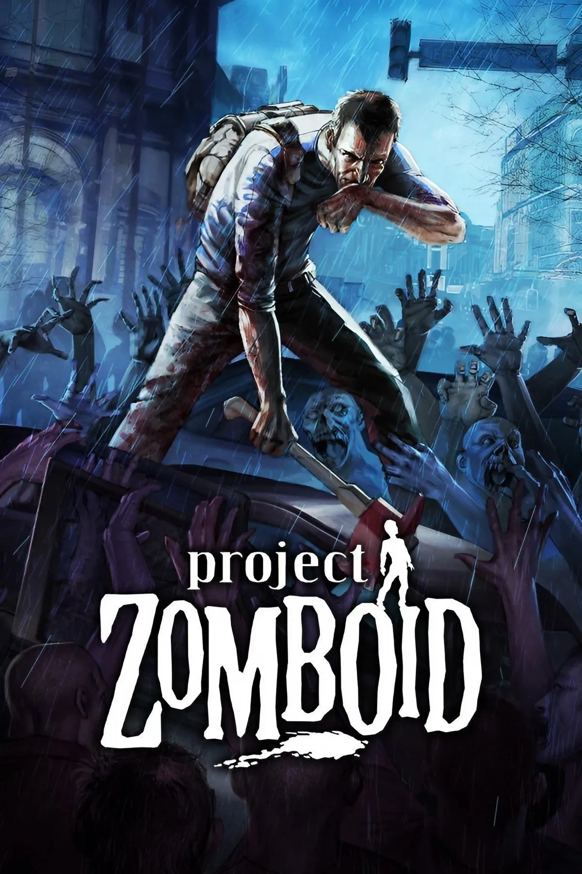 Một góc nhìn isometric về nhân vật đang đứng giữa những tòa nhà trong Project Zomboid