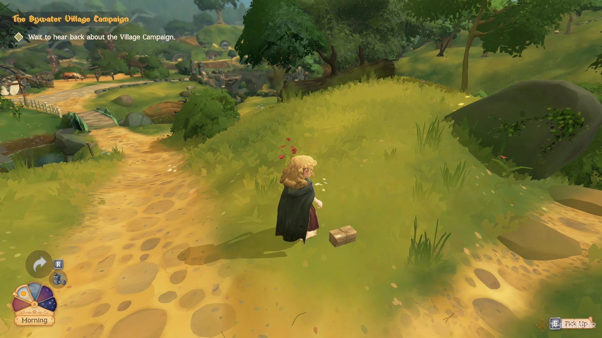 Một gói hàng bị thất lạc nằm trên đường tại Shire, chờ đợi người chơi Tales Of The Shire nhặt và trả lại.