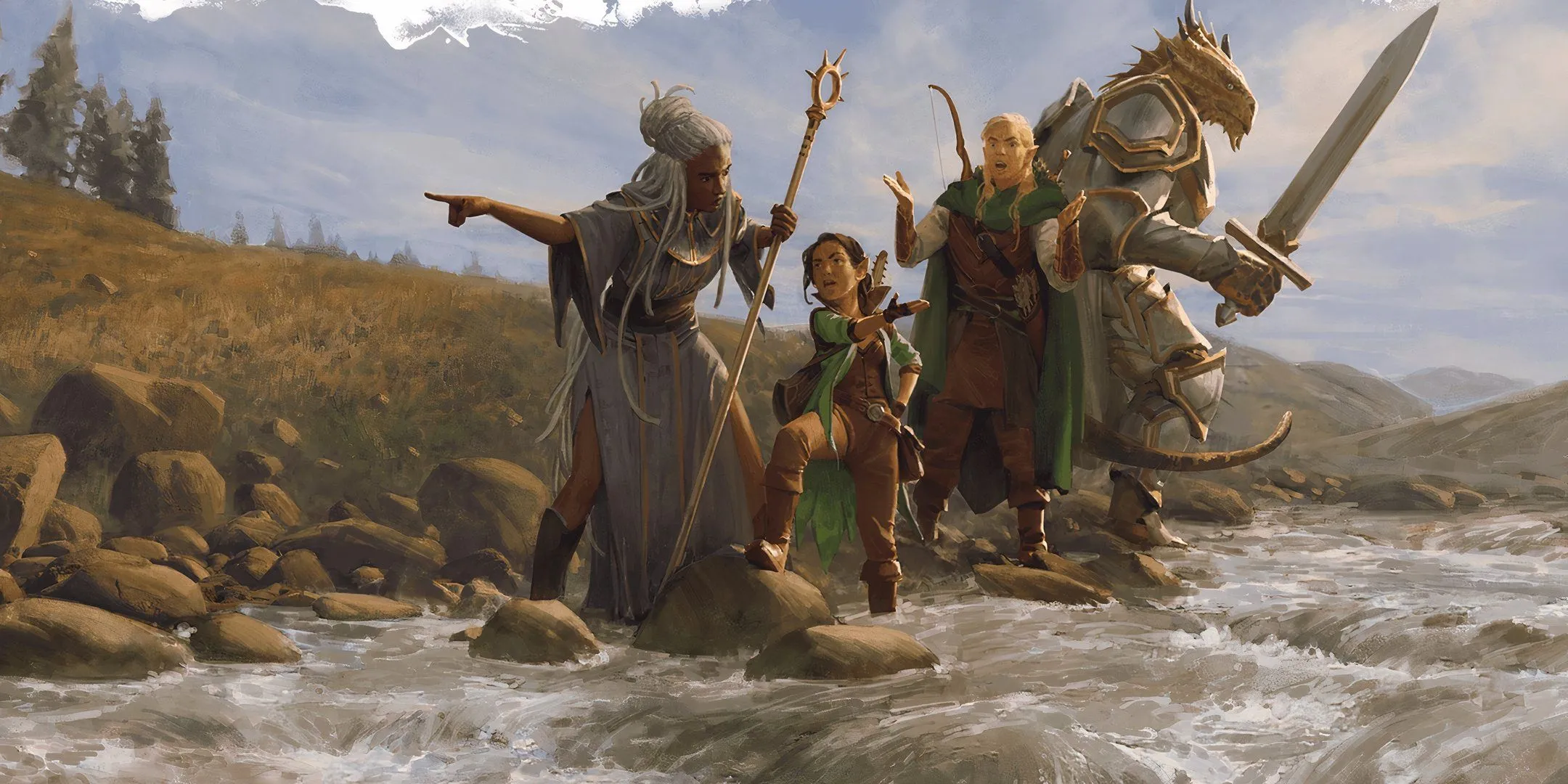 Một nhóm bốn nhà thám hiểm gồm Dragonborn, Elf, Gnome và Con người đang cố gắng băng qua sông, tượng trưng cho những thử thách bất ngờ và sự cần thiết phải chấp nhận các quyết định tức thì của DM trong D&amp;D. 