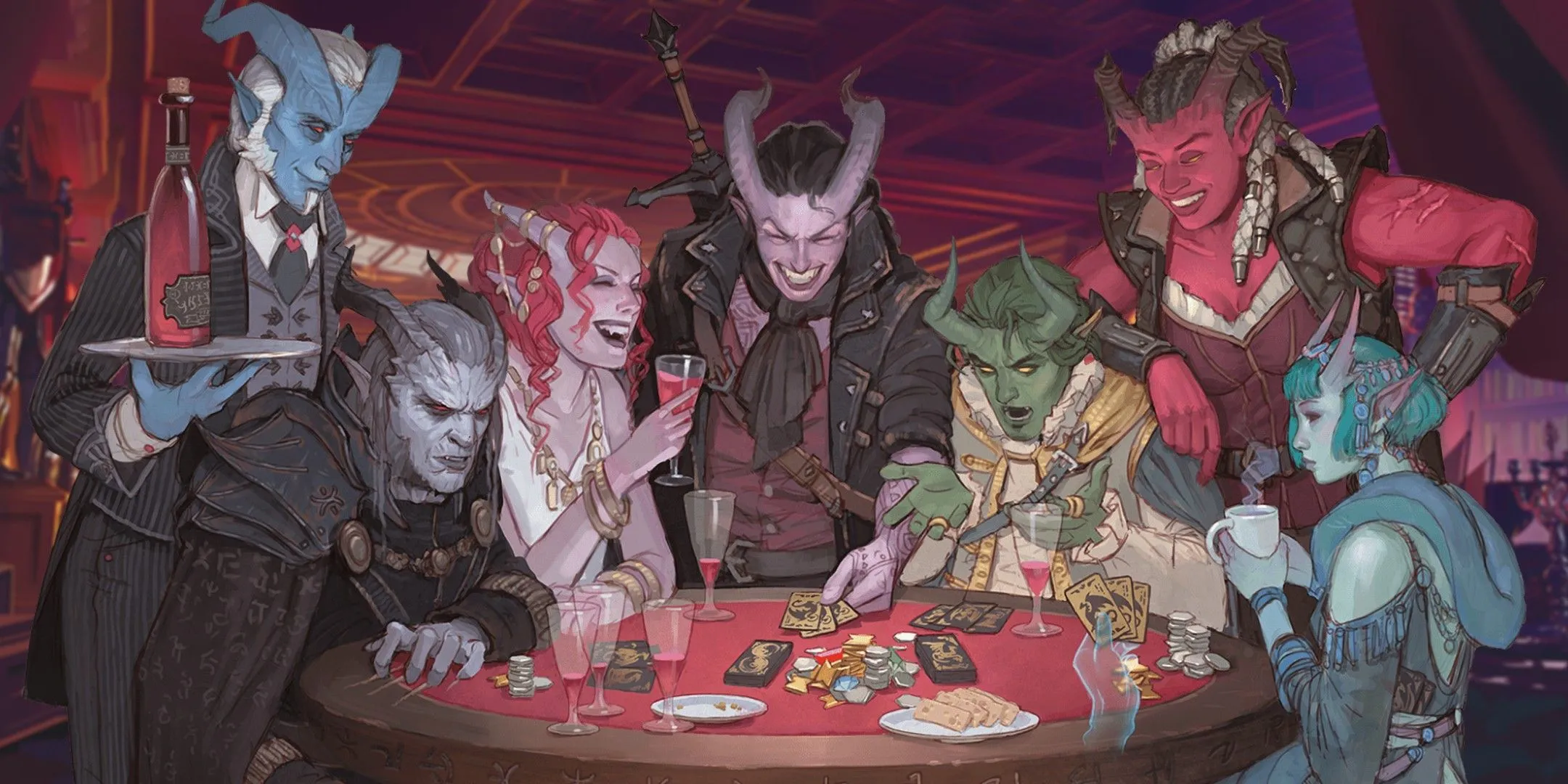 Một nhóm Tiefling đang chơi bài, minh họa không khí giao lưu nhưng cũng nhắc nhở về việc tránh các cuộc trò chuyện ngoài lề làm gián đoạn phiên chơi Dungeons &amp; Dragons. 