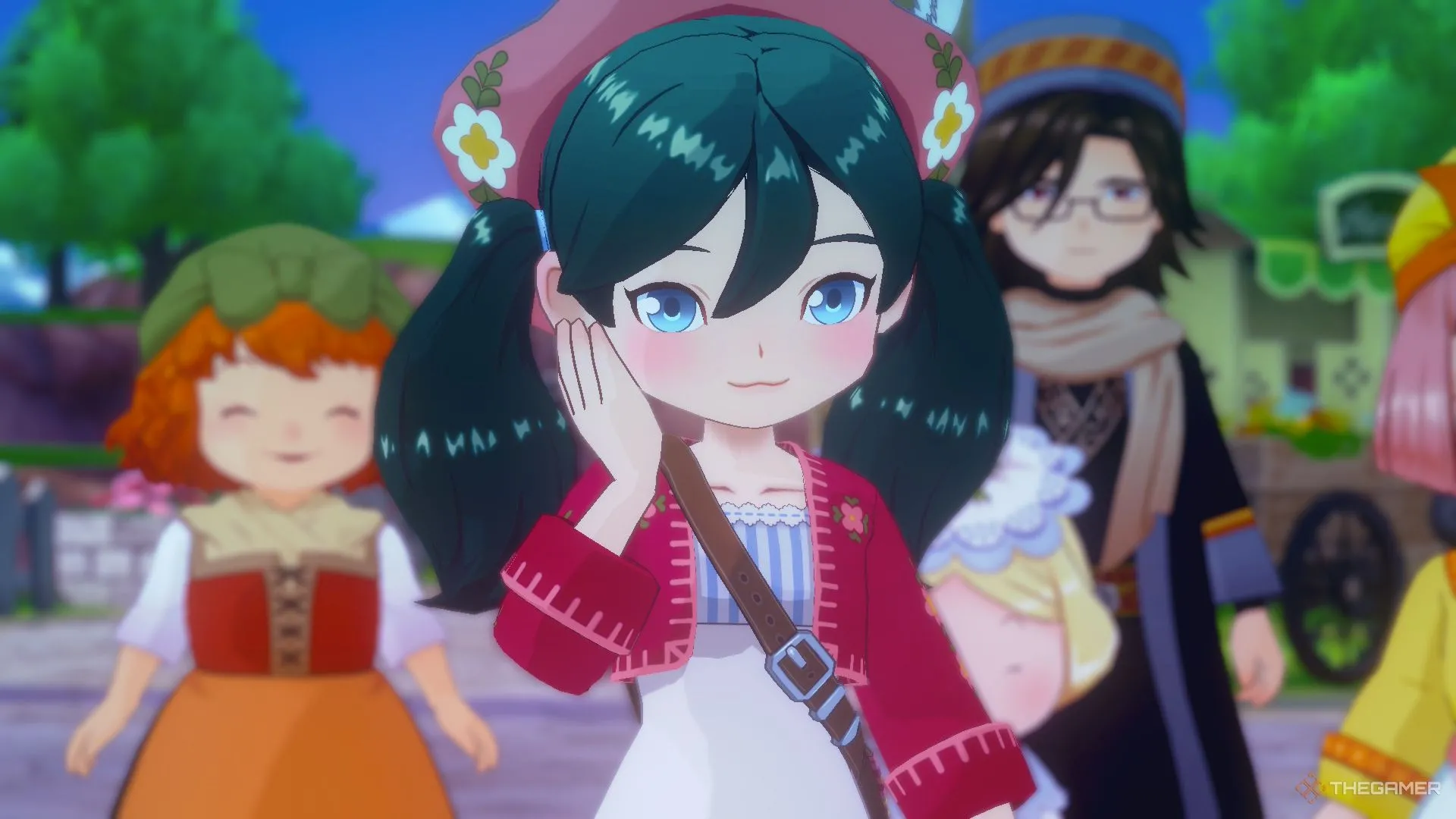 Nhân vật chính đỏ mặt khi tương tác trong Story of Seasons Grand Bazaar, thể hiện khía cạnh mô phỏng cuộc sống.
