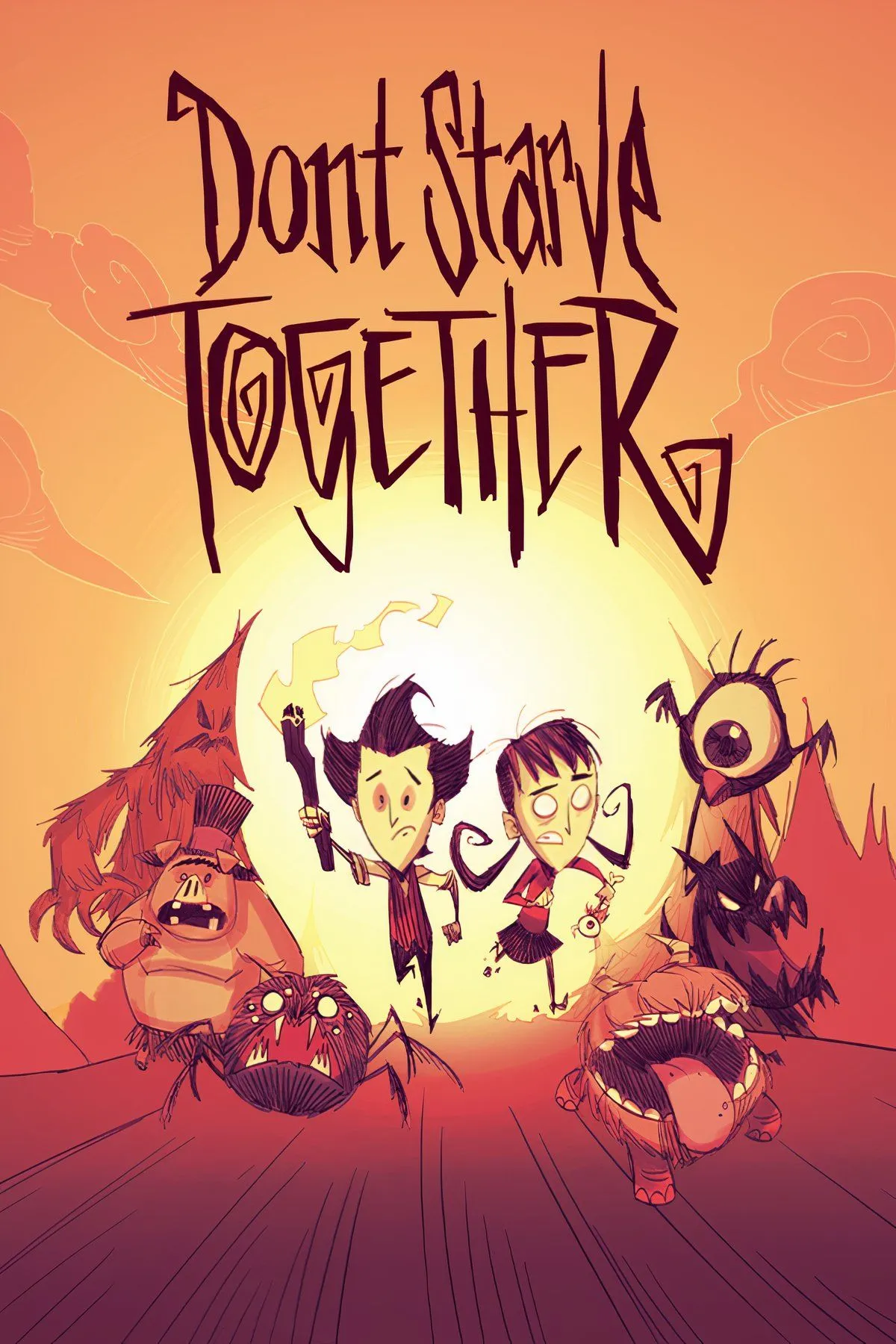 Nhân vật hoạt hình phong cách gothic đang tương tác với môi trường game trong Don't Starve Together