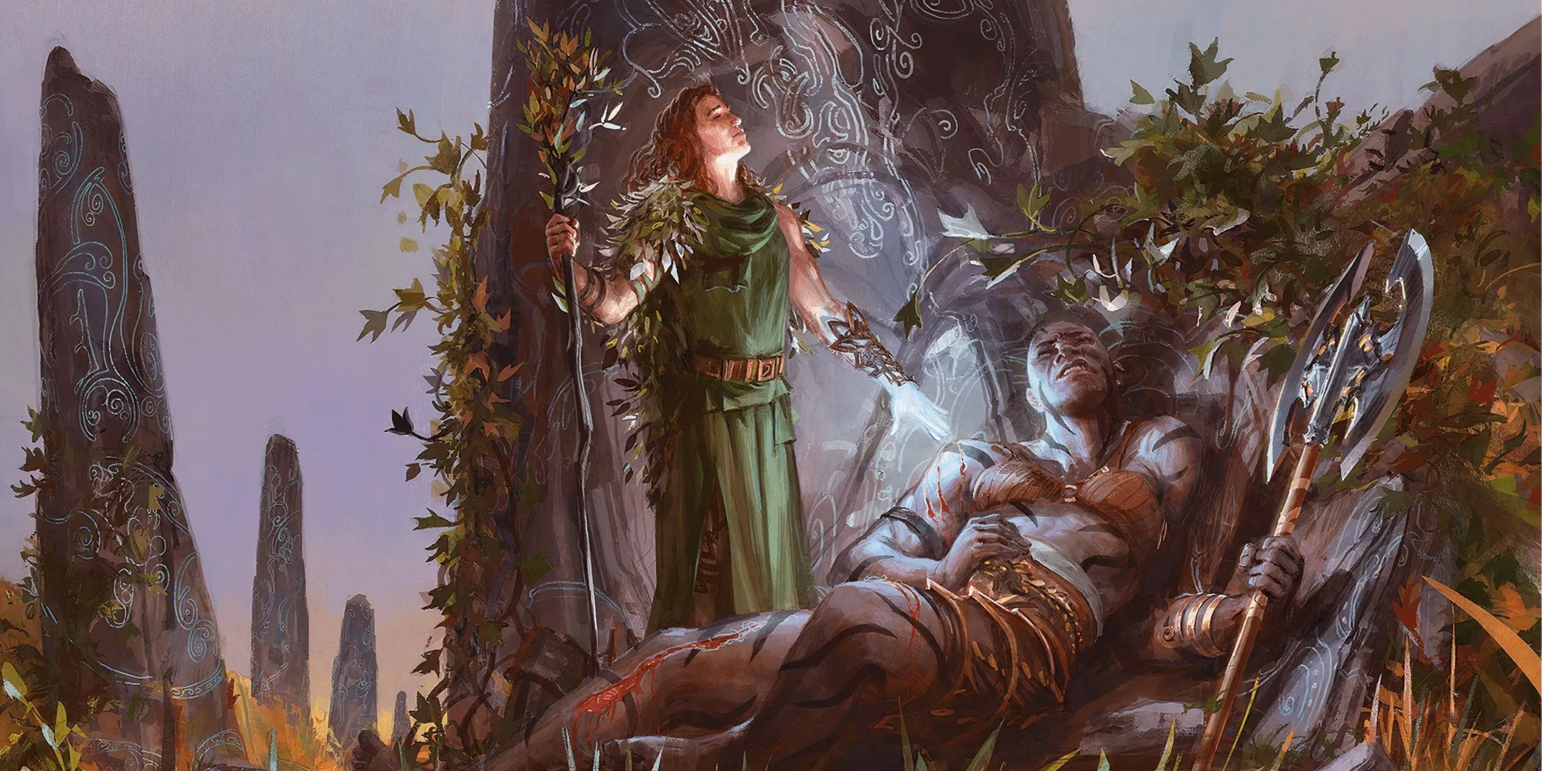 Pháp sư Druid áo choàng xanh thi triển phép Lesser Restoration, biểu thị sự vắng mặt của hồi sinh trong D&amp;D