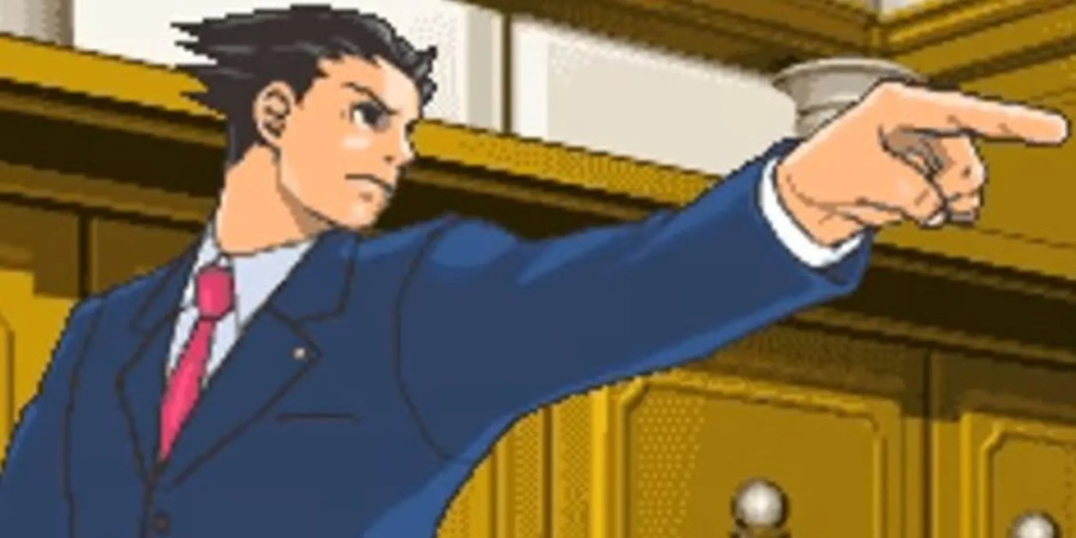 Phoenix Wright chỉ tay trong phiên bản DS của Ace Attorney, biểu tượng của sự lập luận sắc bén và hành trình bảo vệ khách hàng.