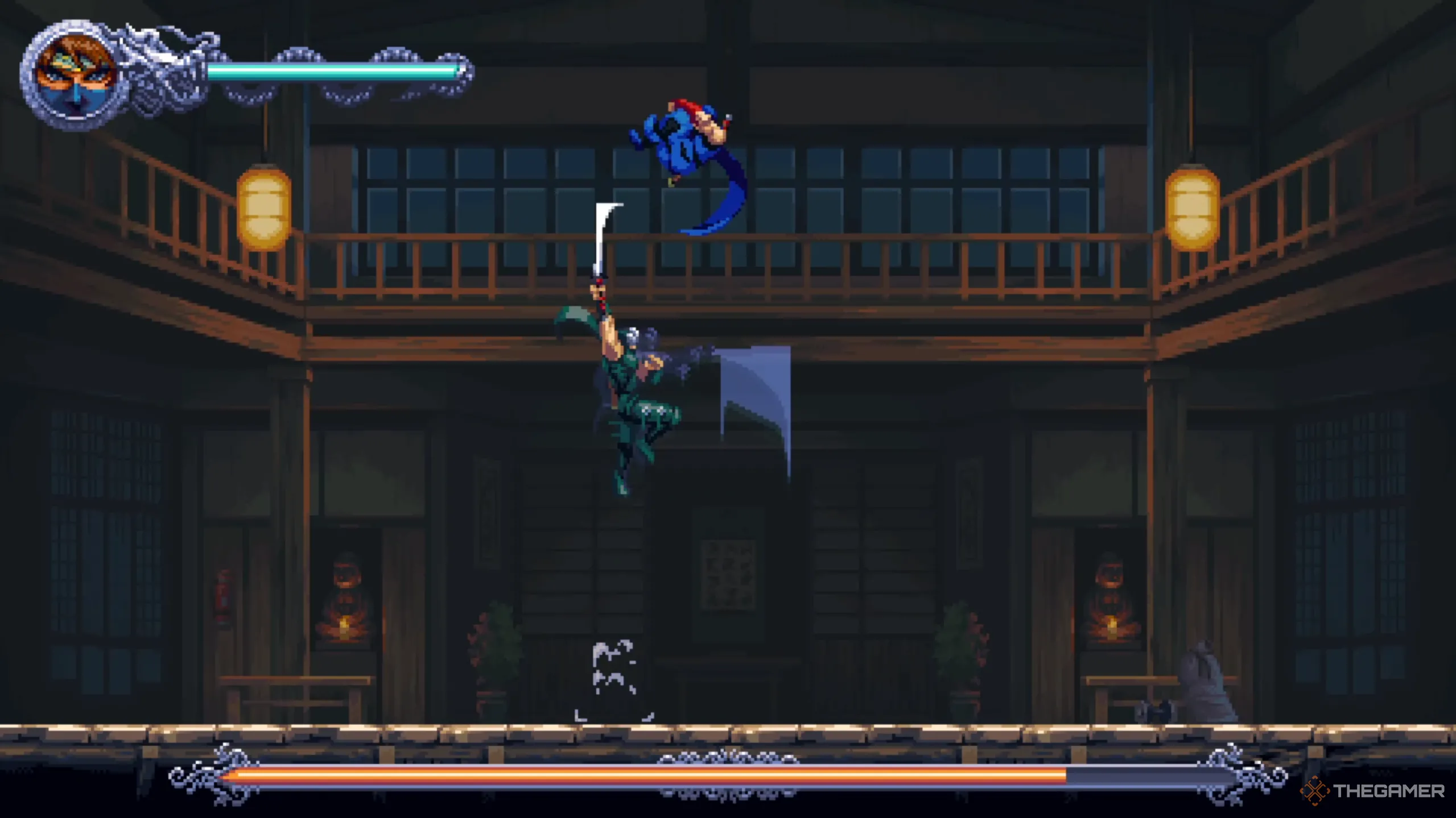 Ryu sử dụng chiêu uppercut kiếm tấn công Kenji sau cú xoay người trong Ninja Gaiden Ragebound