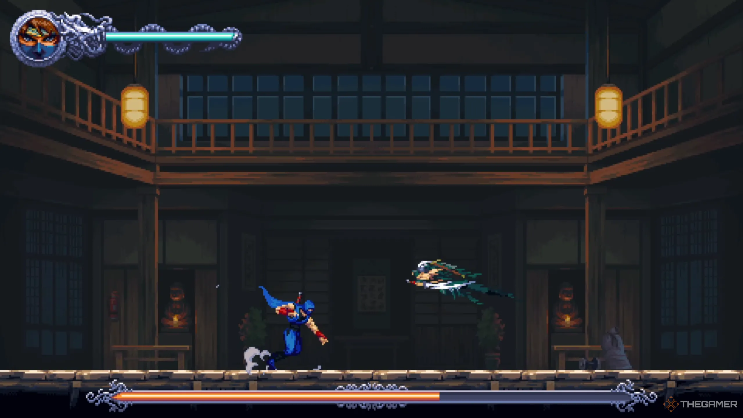 Ryu thực hiện chiêu Phi Yến đặc trưng, biến mất và lao tới Kenji trong Ninja Gaiden Ragebound
