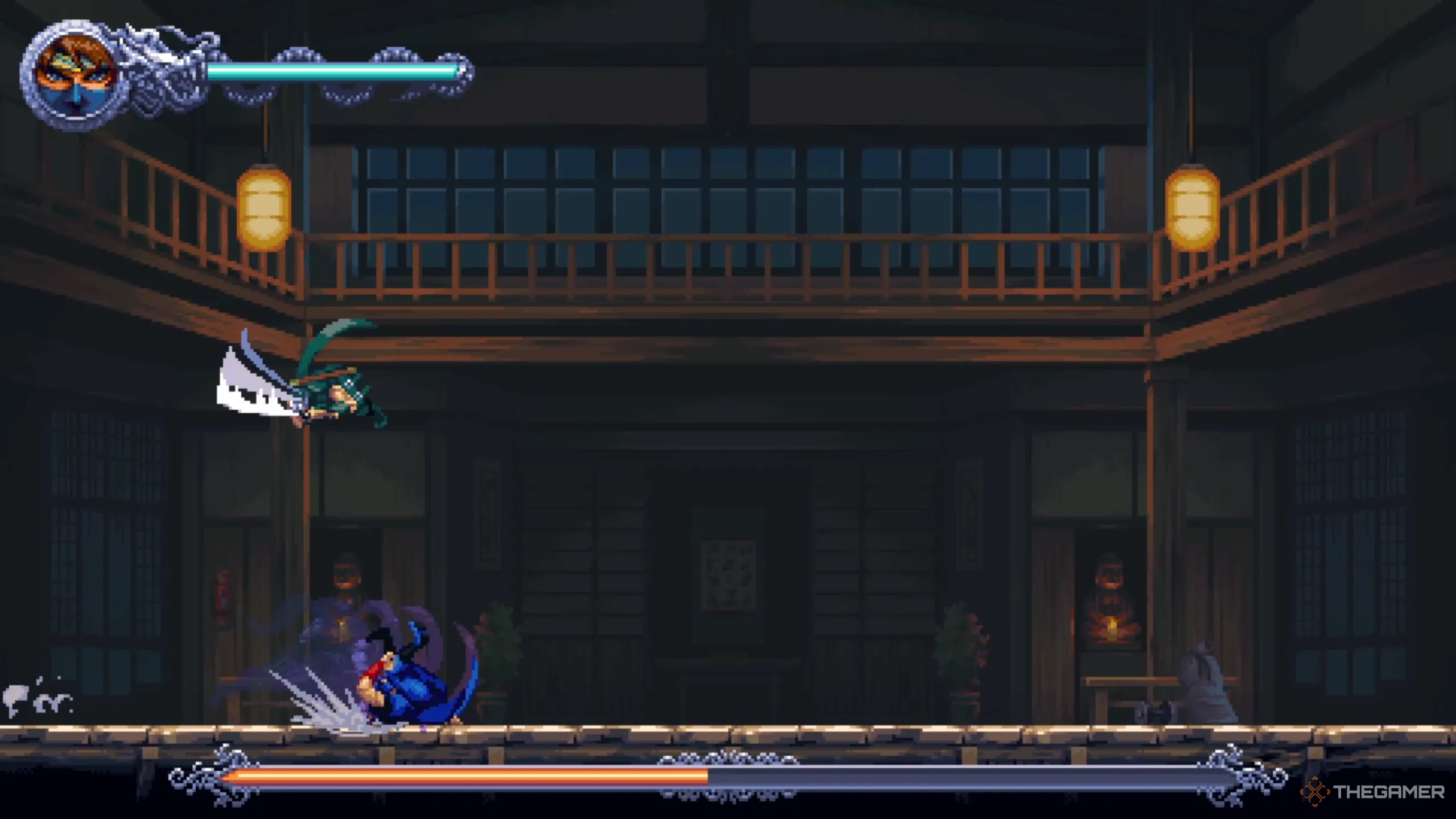 Ryu tung đòn chém xiên từ trên cao trong Ninja Gaiden Ragebound sau cú đâm kiếm nhanh